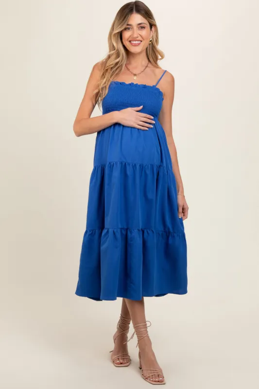 Royal Blue Smocked Cut-Out Back Tiered Maternity Midi Dress sold by Pinkblush