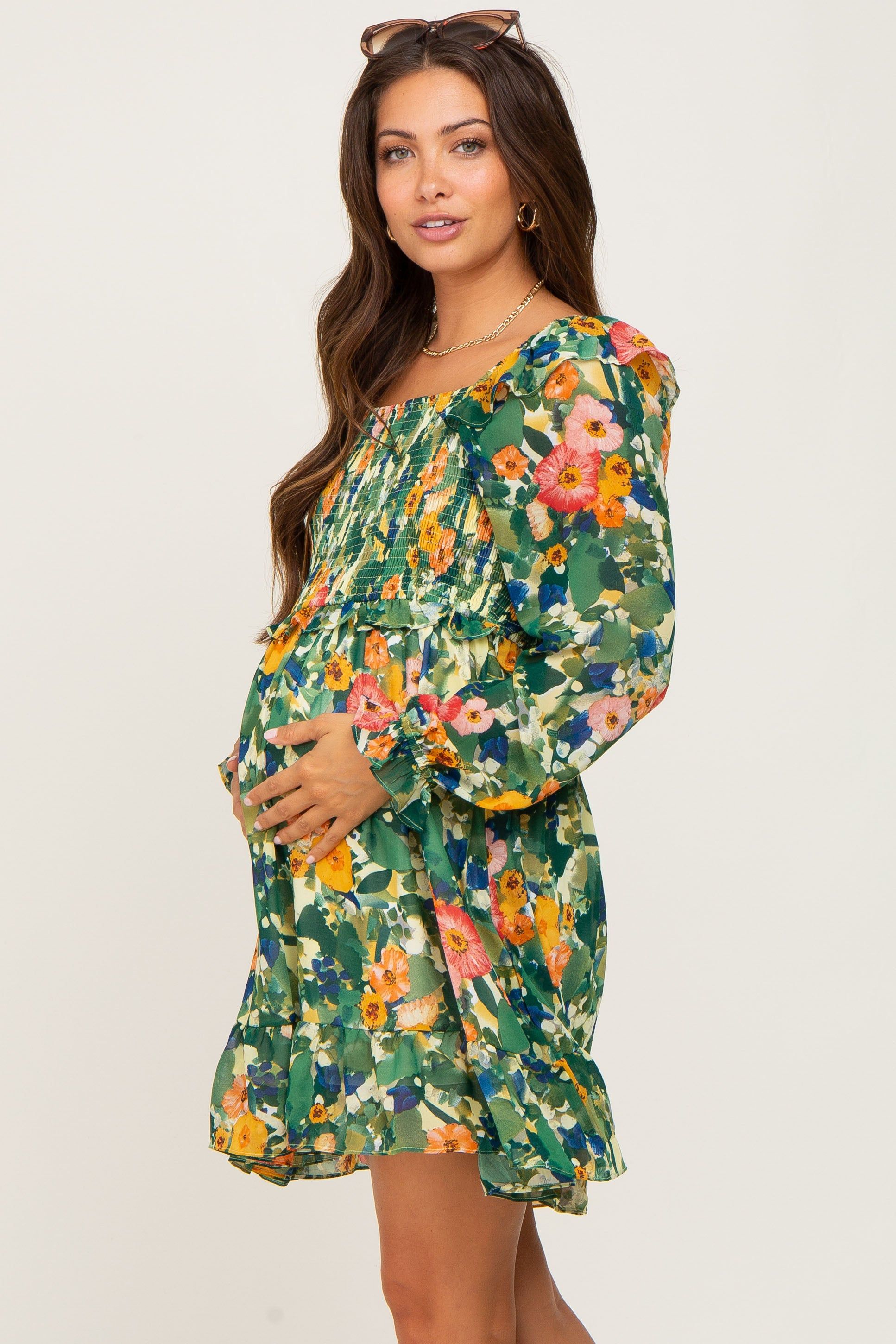 Green Floral Chiffon Ruffle Maternity Dress sold by Pinkblush product image thumbnail 2