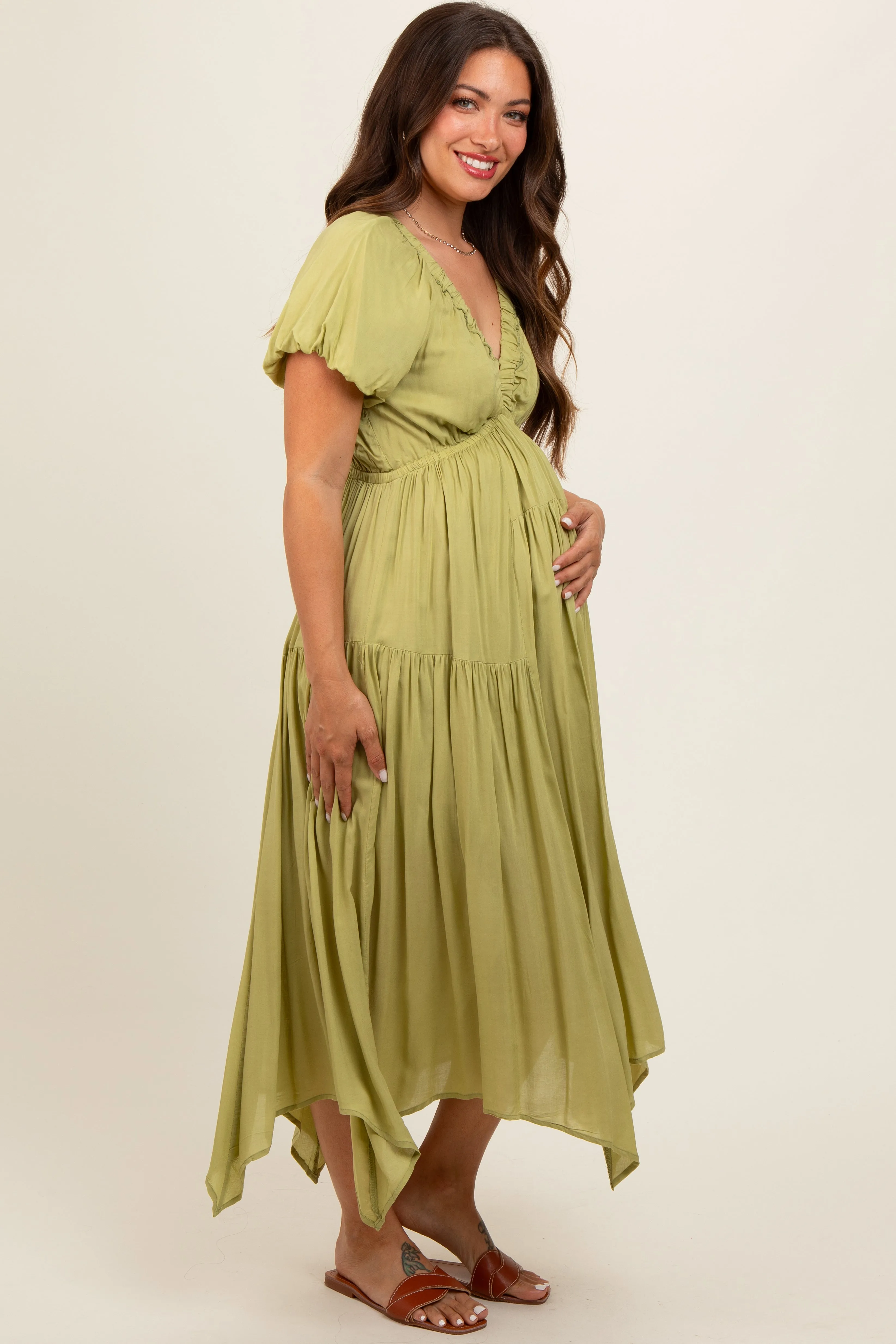 Light Olive Deep V-Neck Puff Short Sleeve Asymmetrical Hem Maternity Midi Dress sold by Pinkblush product image thumbnail 3