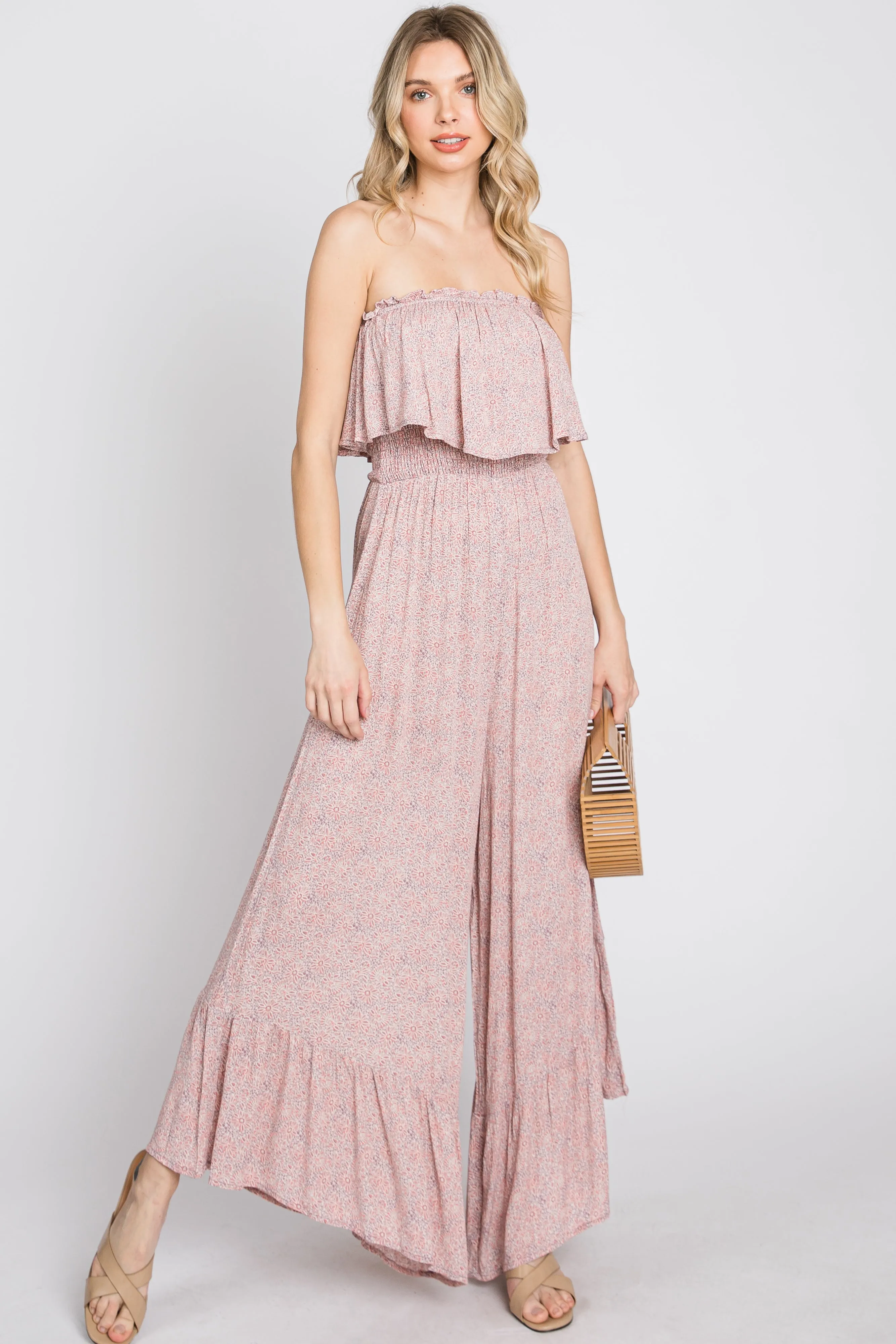 Mauve Floral Strapless Ruffle Hem Maternity Jumpsuit sold by Pinkblush product image thumbnail 4