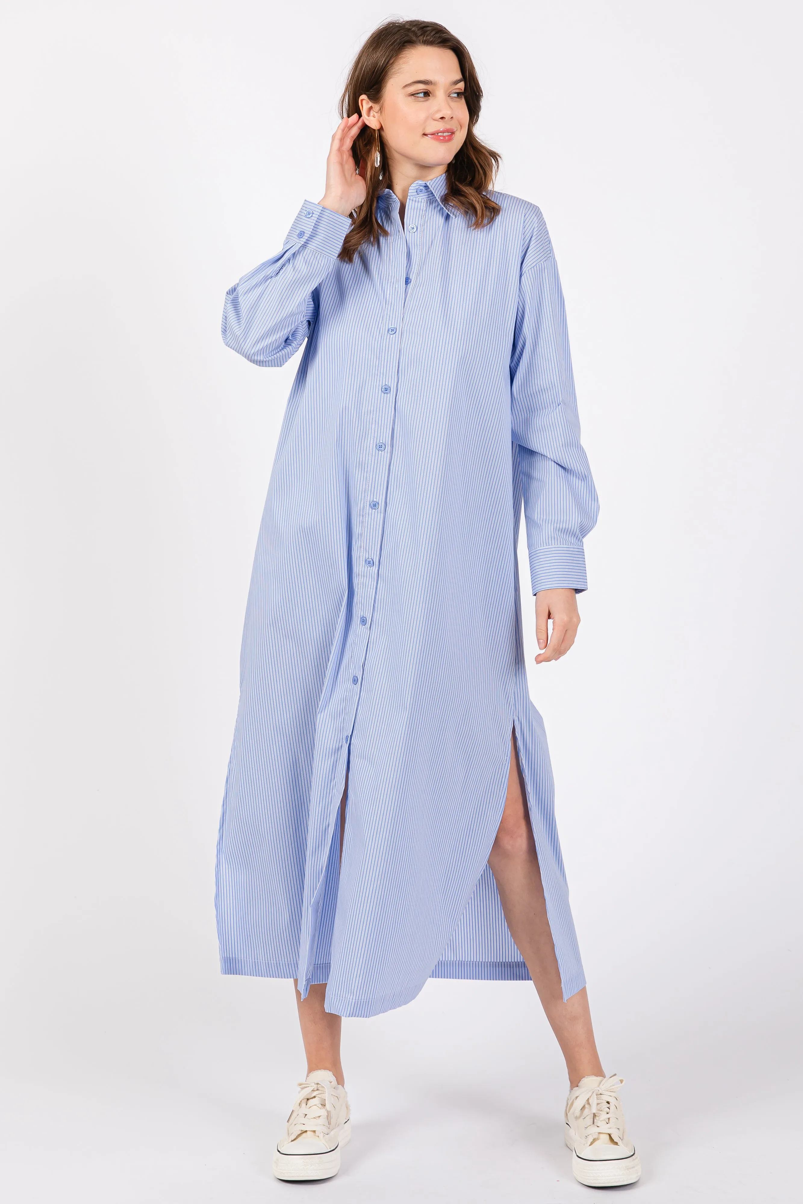 Blue Pinstriped Button Front Side Slit Maternity Midi Shirt Dress sold by Pinkblush product image thumbnail 3