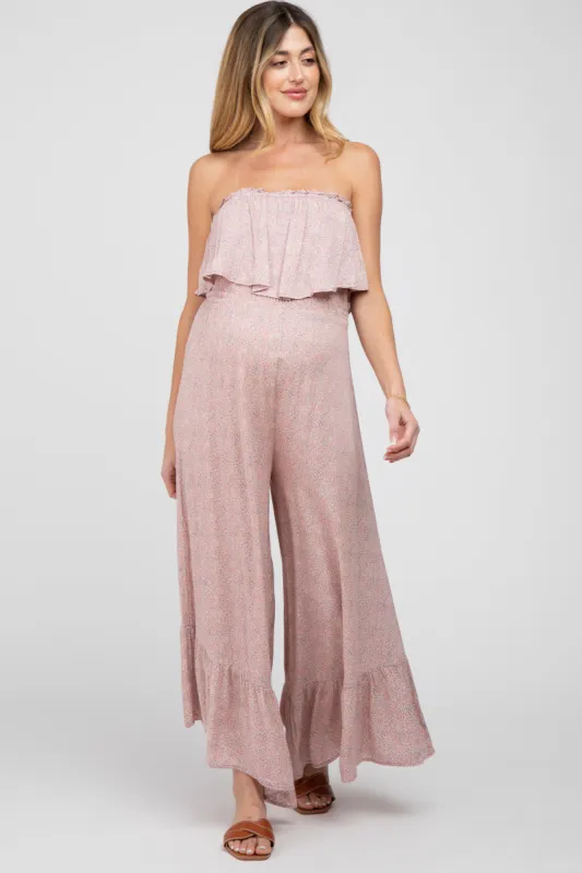 Mauve Floral Strapless Ruffle Hem Maternity Jumpsuit sold by Pinkblush