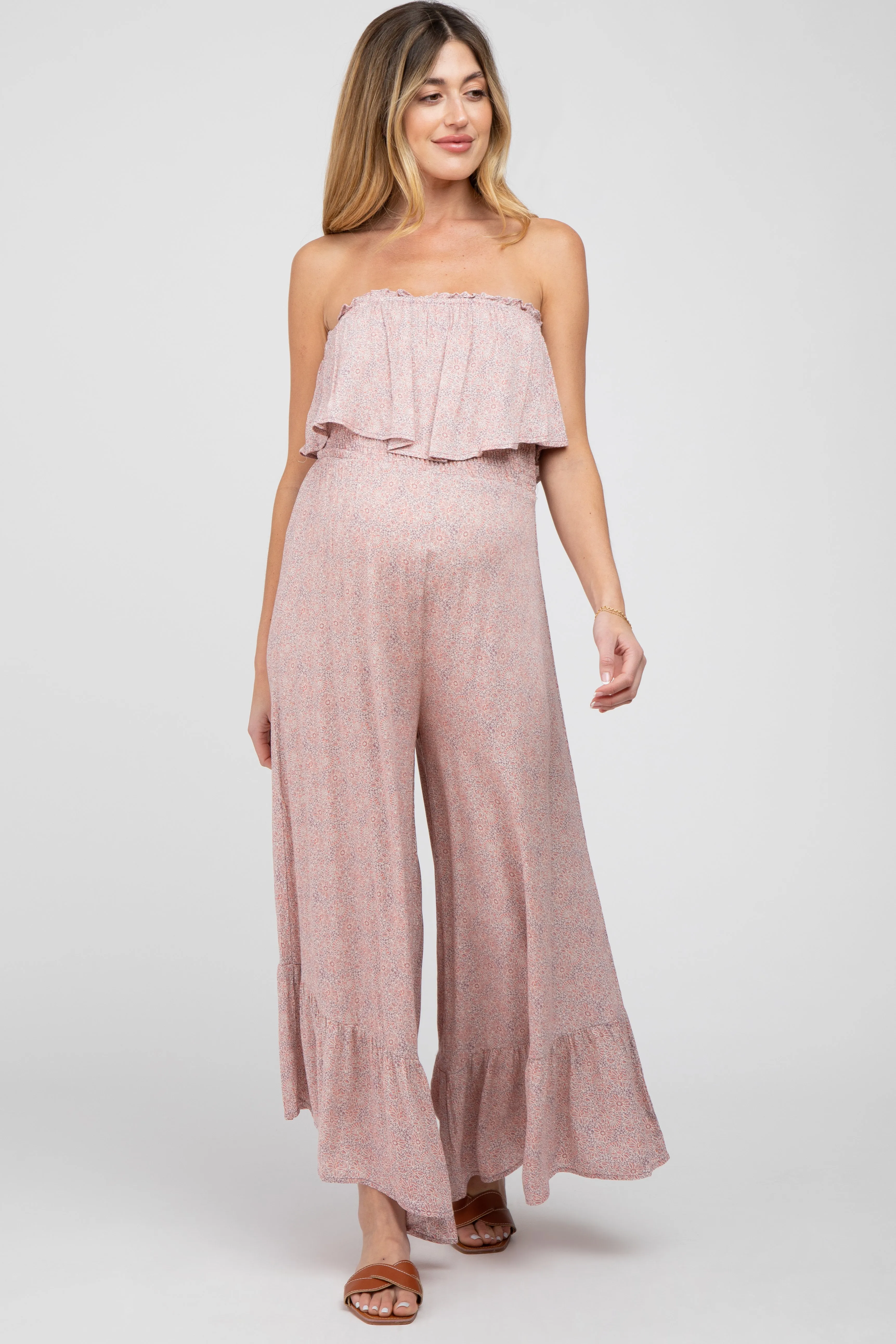 Mauve Floral Strapless Ruffle Hem Maternity Jumpsuit sold by Pinkblush