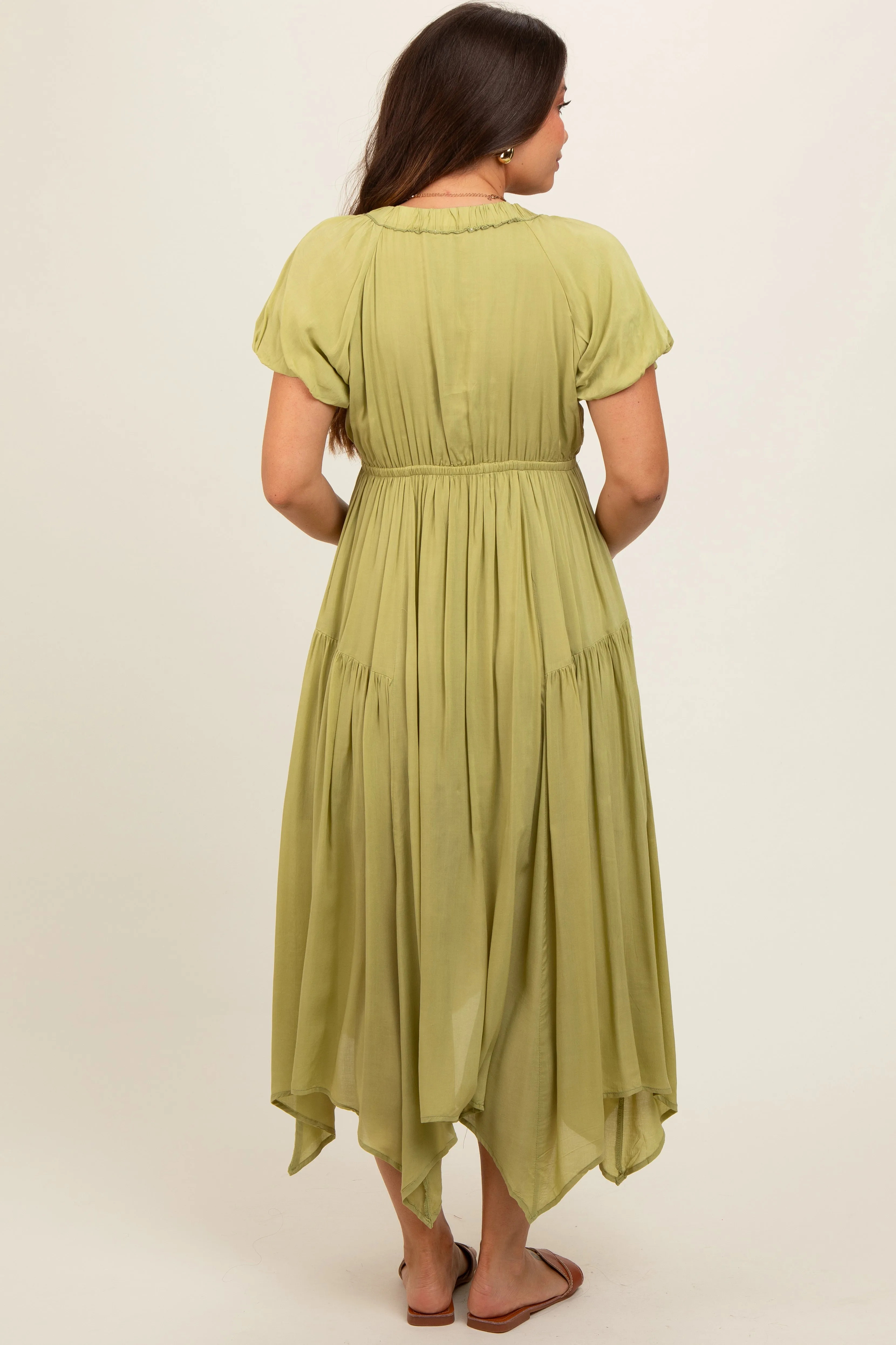 Light Olive Deep V-Neck Puff Short Sleeve Asymmetrical Hem Maternity Midi Dress sold by Pinkblush product image thumbnail 4