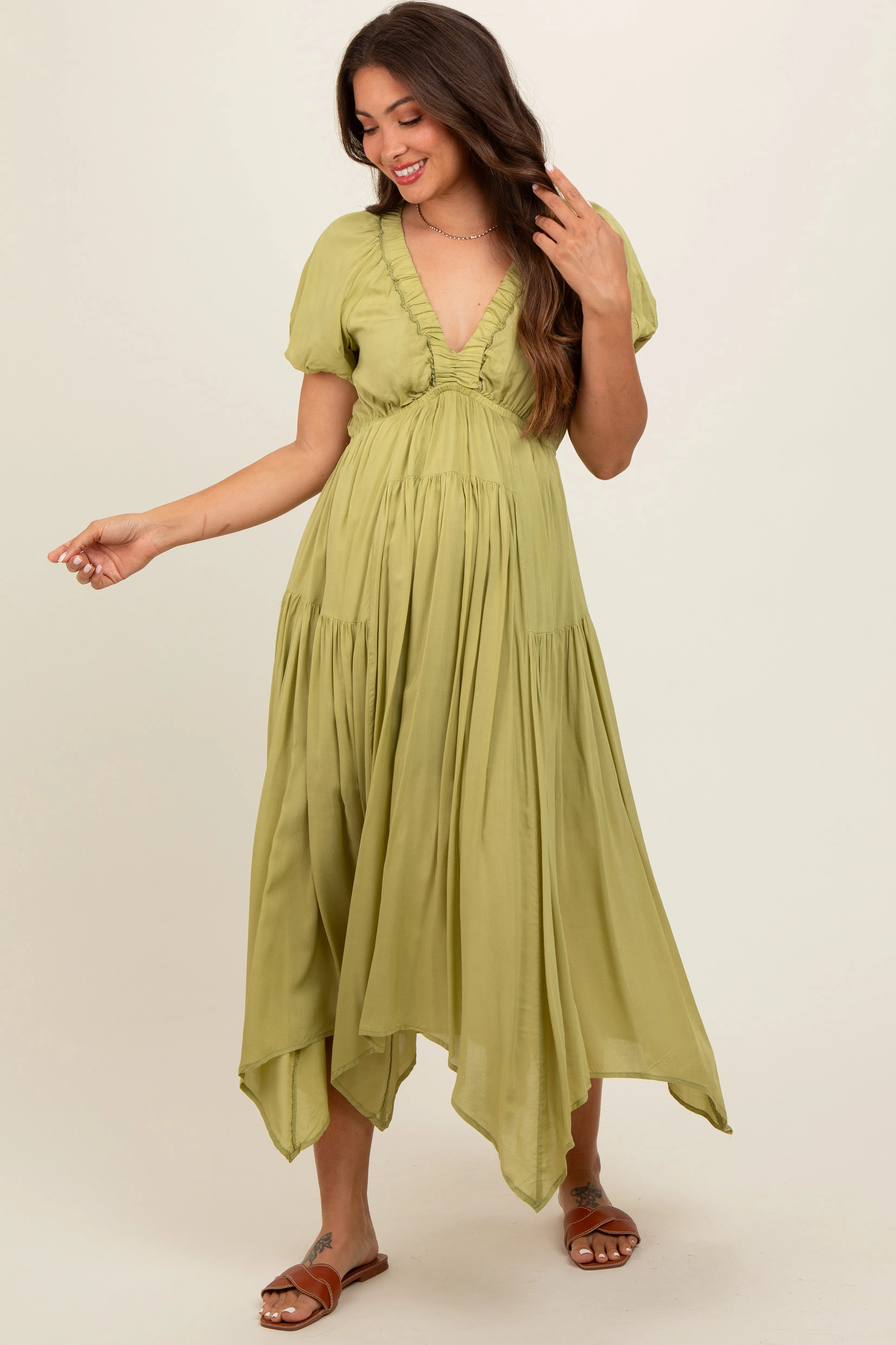 Light Olive Deep V-Neck Puff Short Sleeve Asymmetrical Hem Maternity Midi Dress sold by Pinkblush product image thumbnail 2
