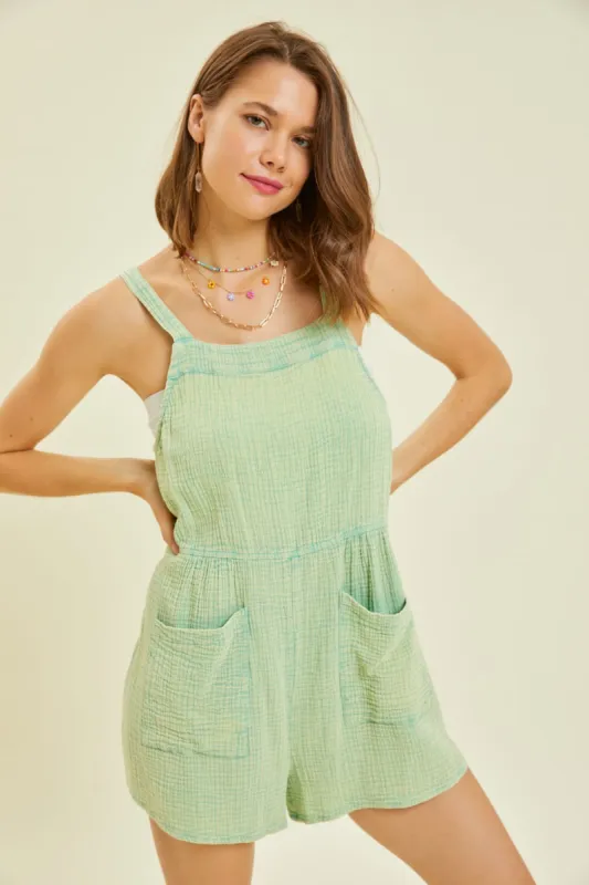 Lime Washed Gauze Overall Style Romper sold by Pinkblush