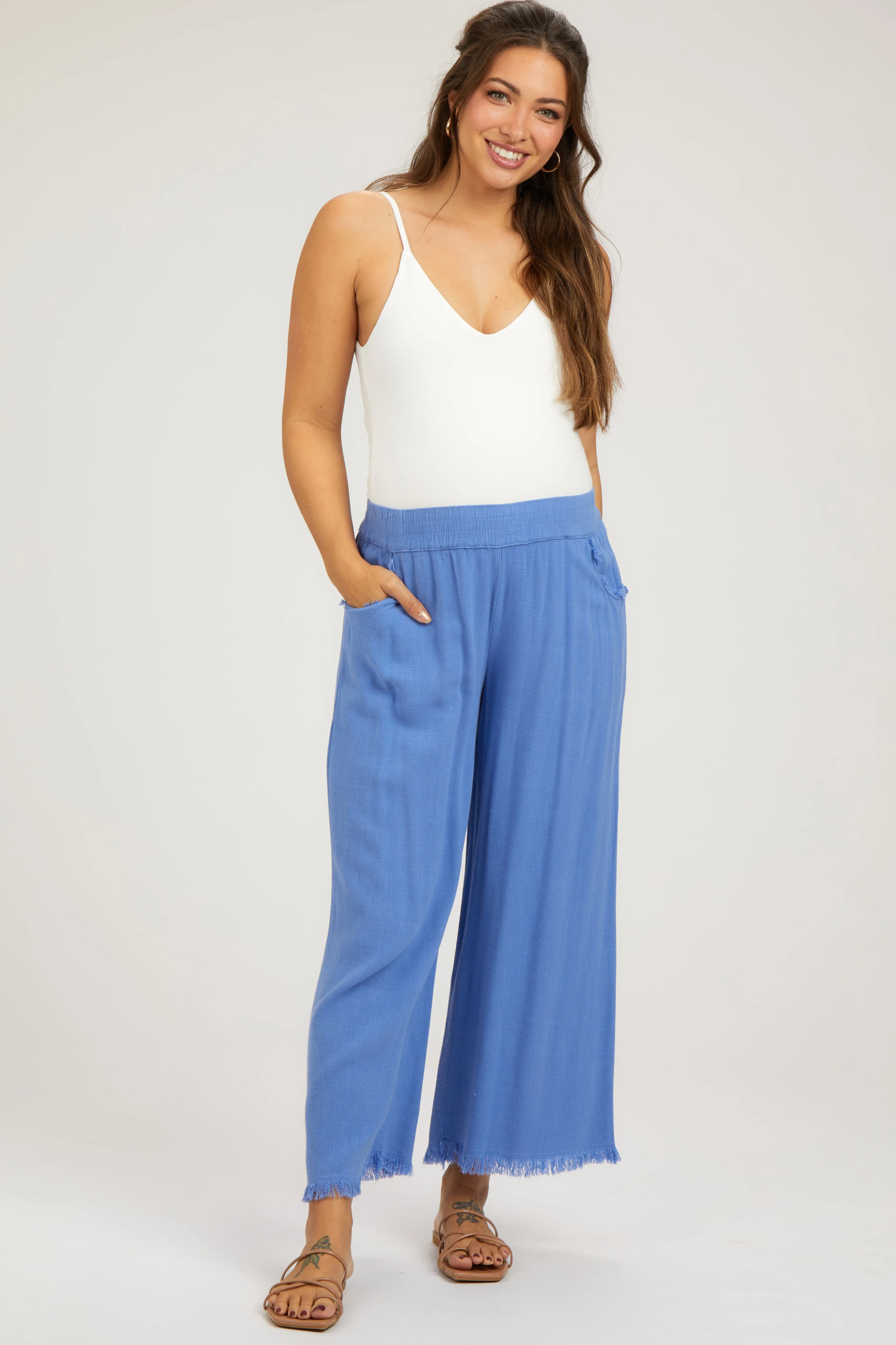 Periwinkle Linen Frayed Hem Crop Maternity Pants sold by Pinkblush