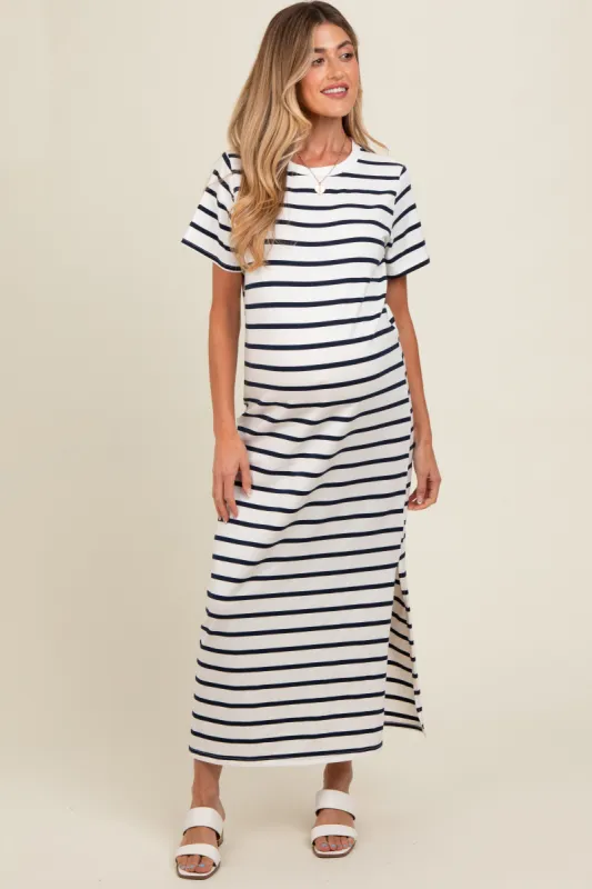 Navy Striped Side Slit Maternity Maxi Dress sold by Pinkblush