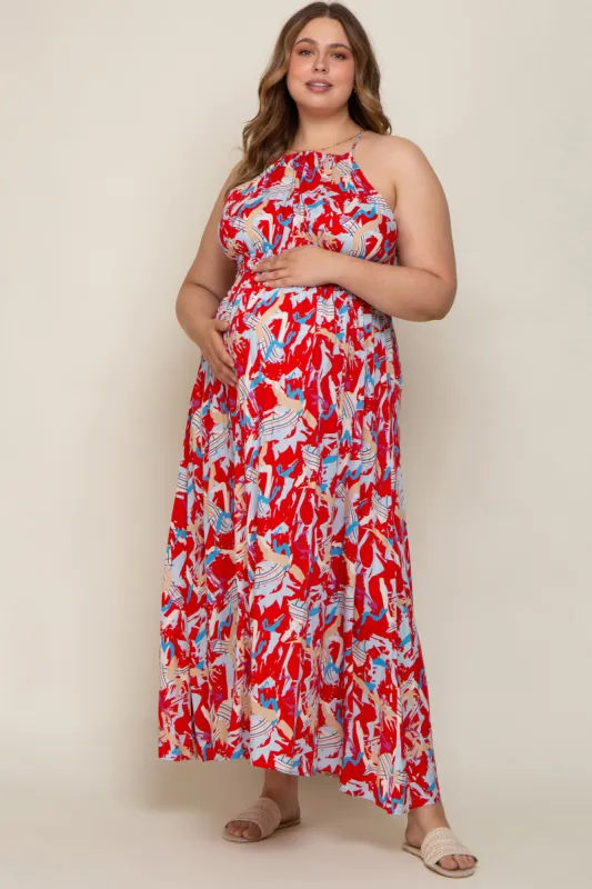 Red Printed Halter Smocked Waist Maternity Plus Maxi Dress sold by Pinkblush
