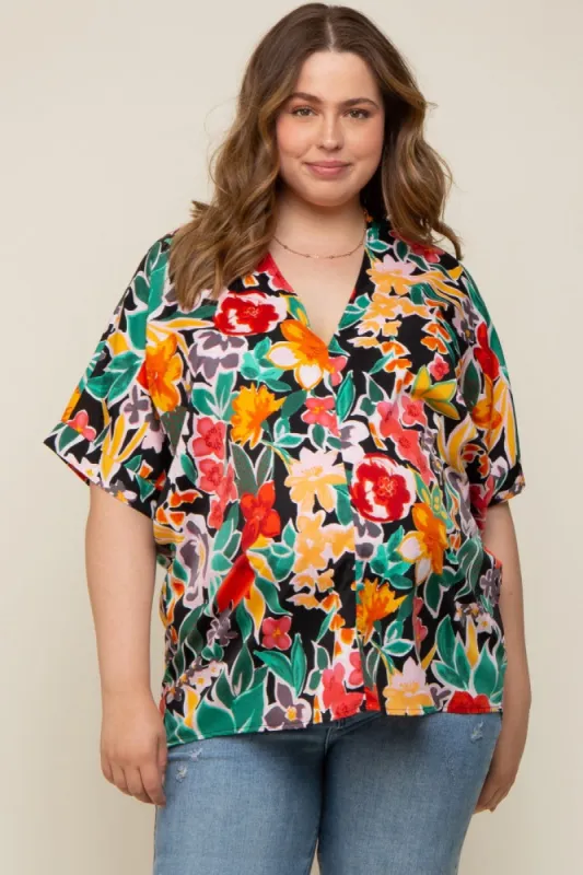 Black Floral V-Neck Maternity Plus Blouse sold by Pinkblush