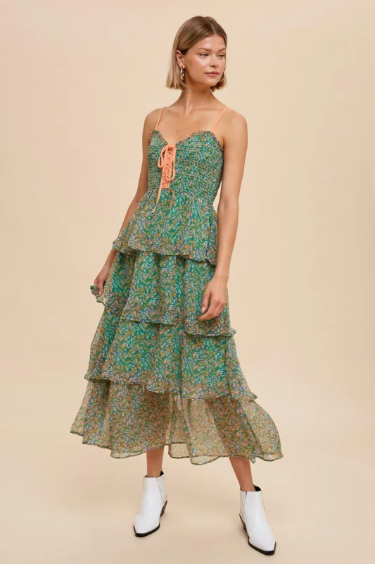 Green Floral Sleeveless Tiered Maxi Dress sold by Pinkblush