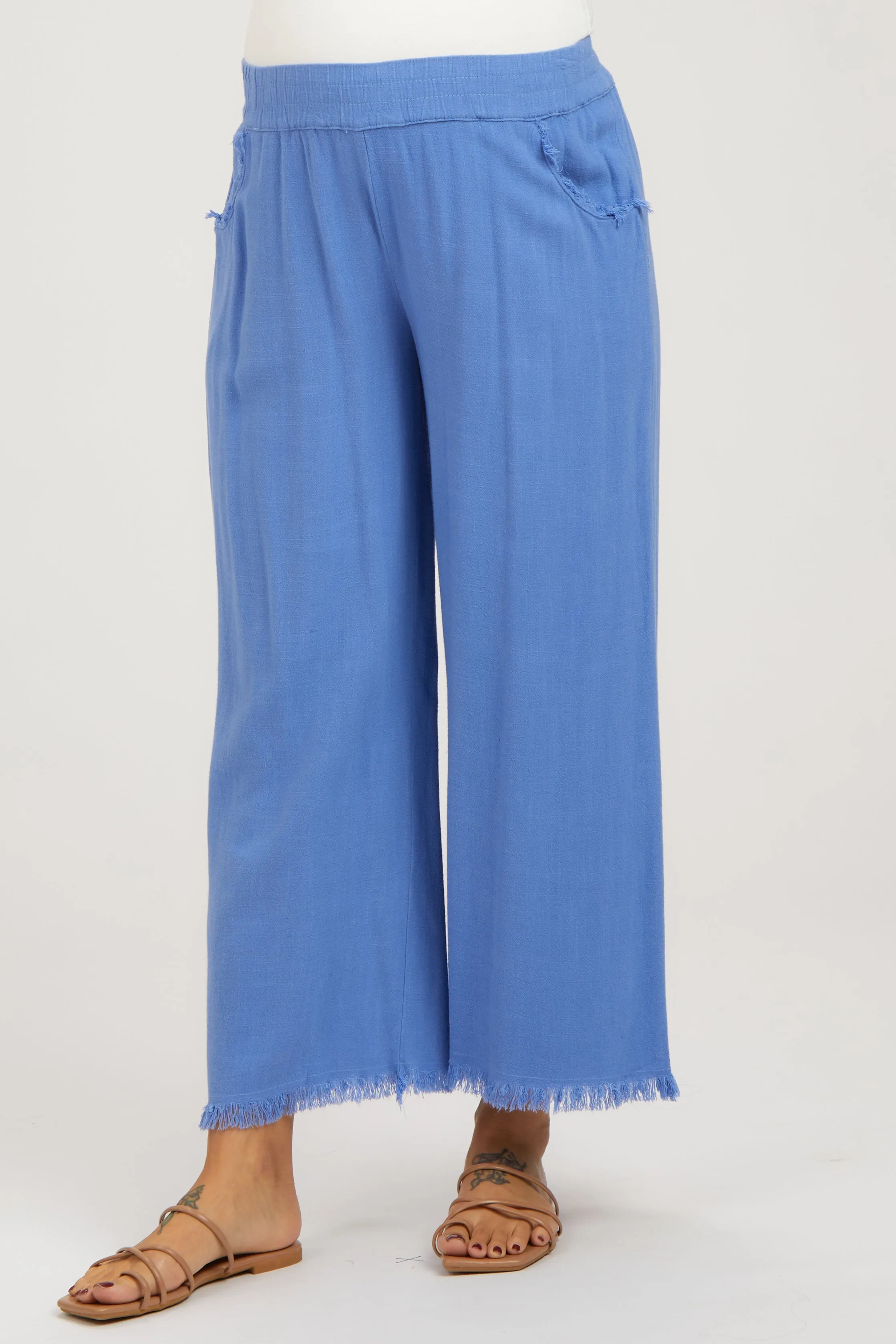 Periwinkle Linen Frayed Hem Crop Maternity Pants sold by Pinkblush product image thumbnail 2