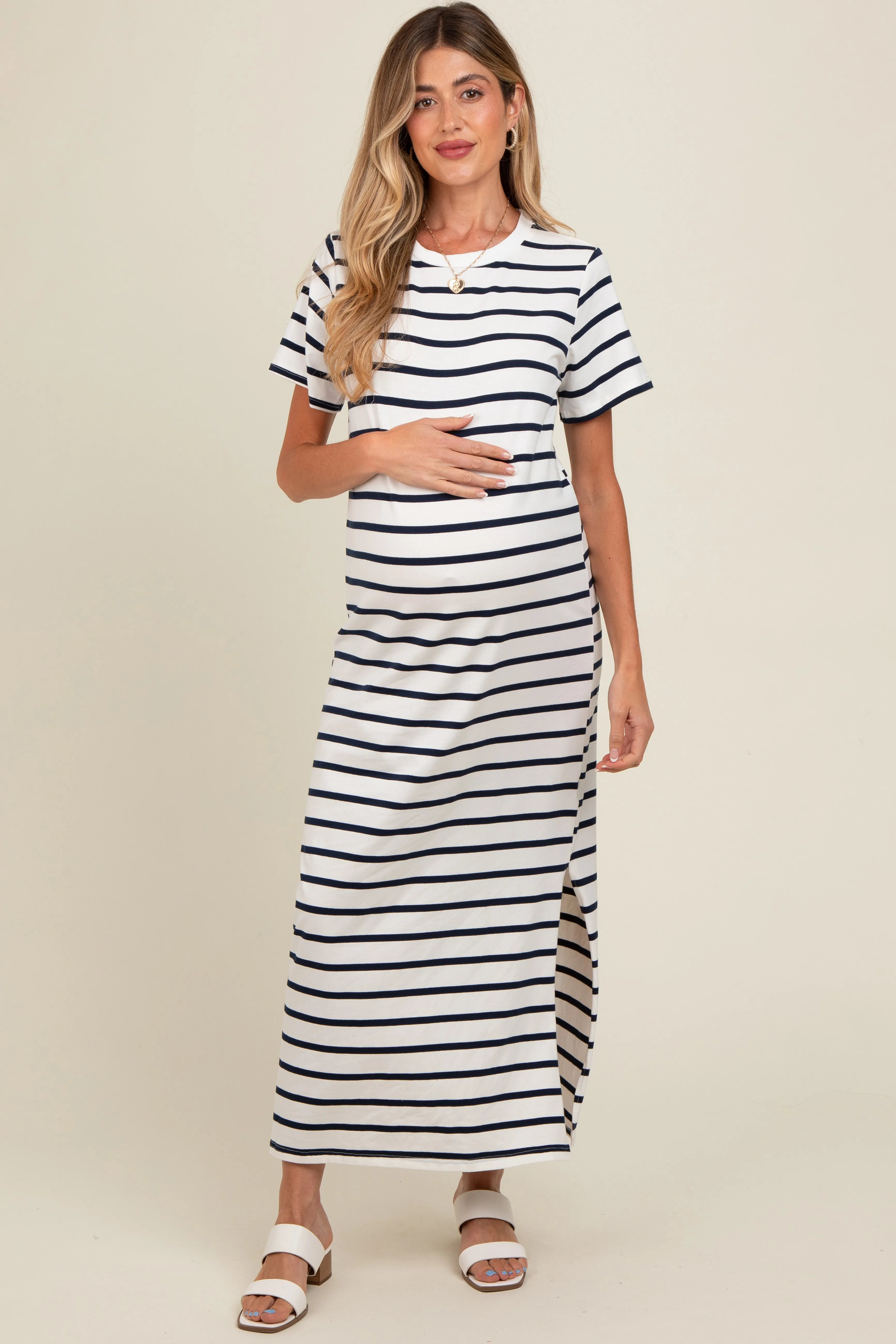 Navy Striped Side Slit Maternity Maxi Dress sold by Pinkblush product image thumbnail 2
