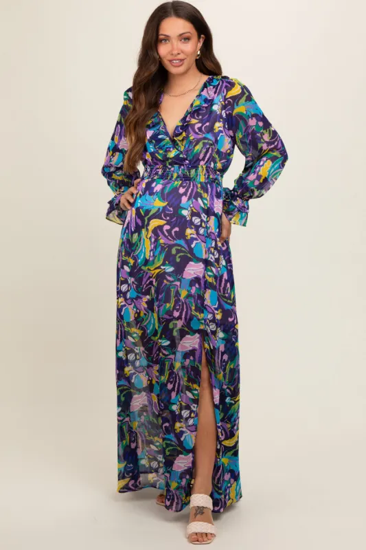 Purple Print Ruffle Long Sleeve Maternity Maxi Dress sold by Pinkblush