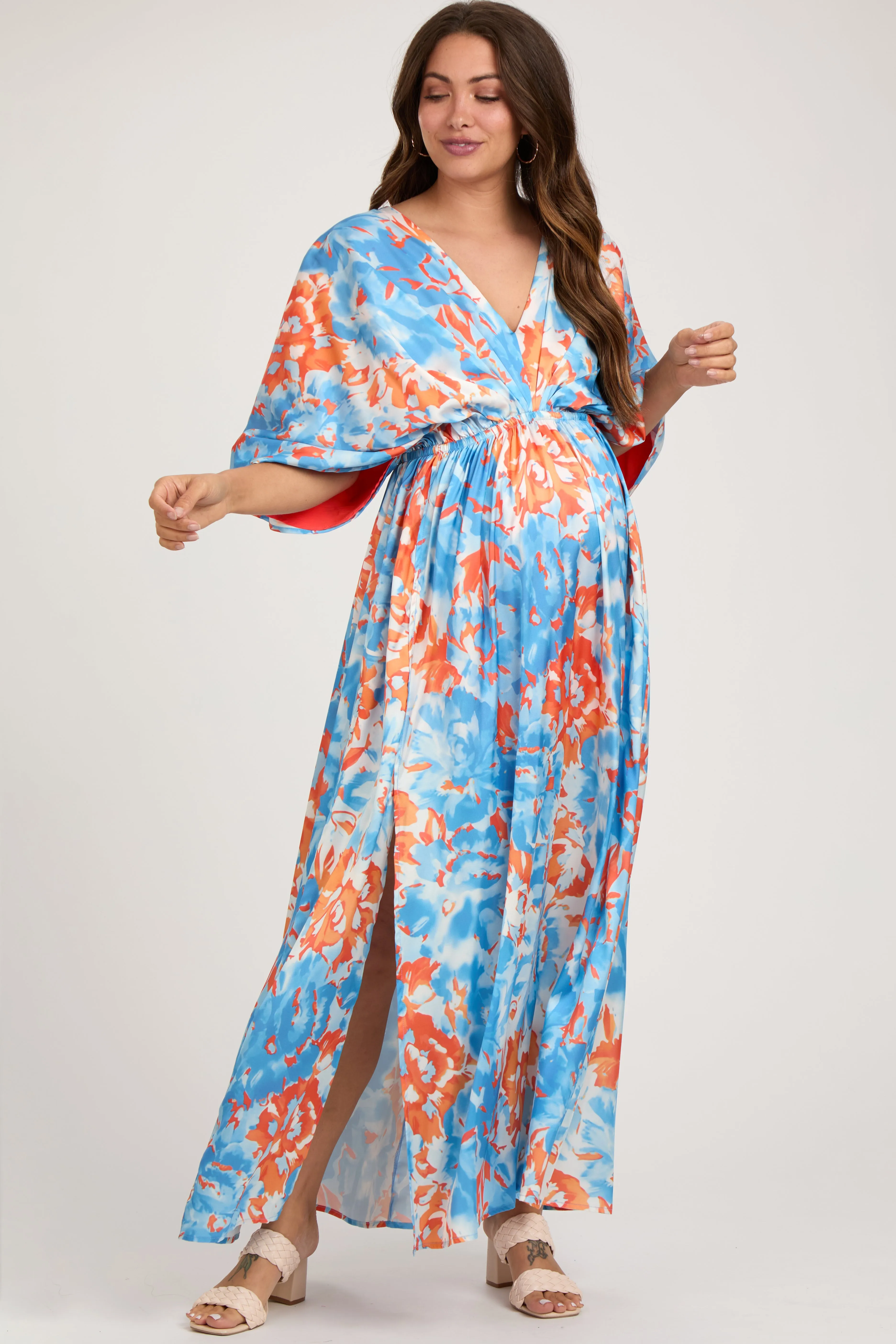 Blue Floral Satin V-Neck Maternity Maxi Dress sold by Pinkblush product image thumbnail 2