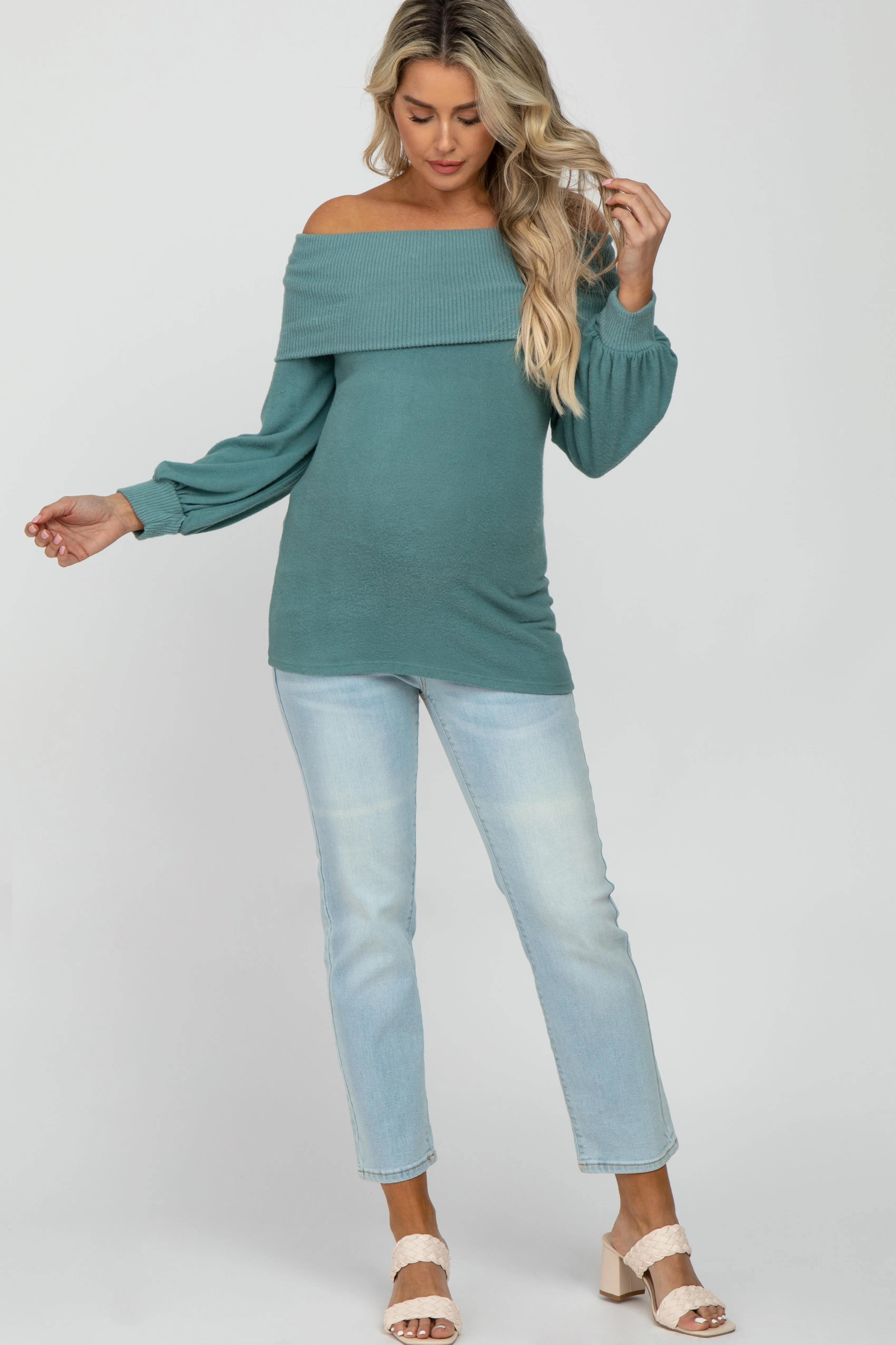 Light Teal Brushed Off Shoulder Fitted Maternity Top sold by Pinkblush product image thumbnail 2