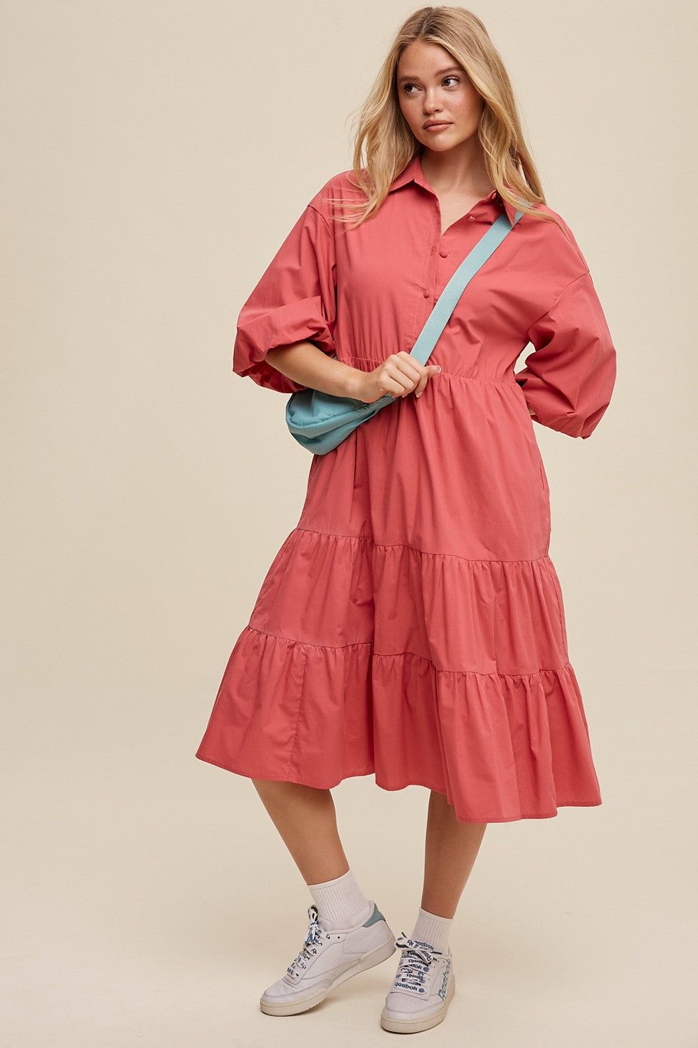 Rose Button Front Tiered Babydoll Poplin Midi Dress sold by Pinkblush