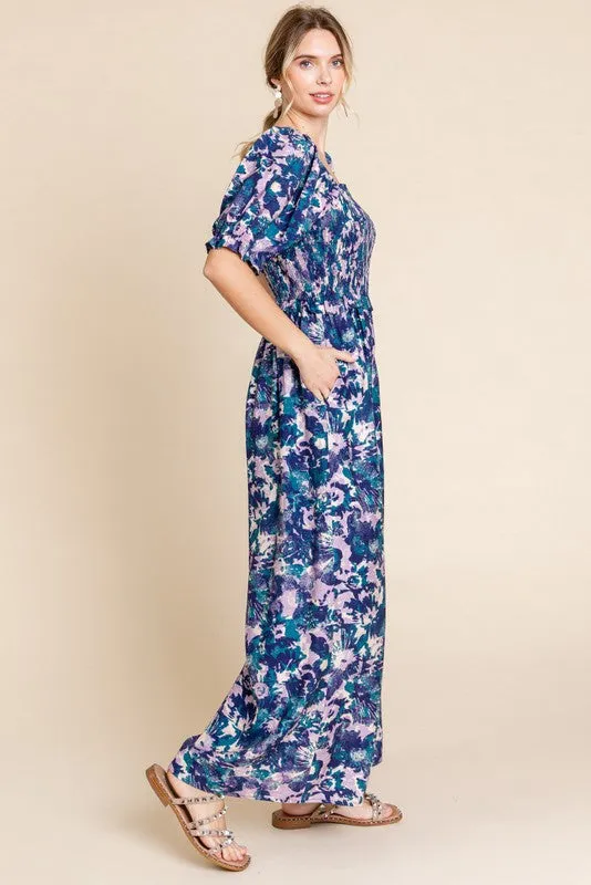 Navy Blue Smocked Square Neck Ruffle Waist Jumpsuit sold by Pinkblush product image thumbnail 3