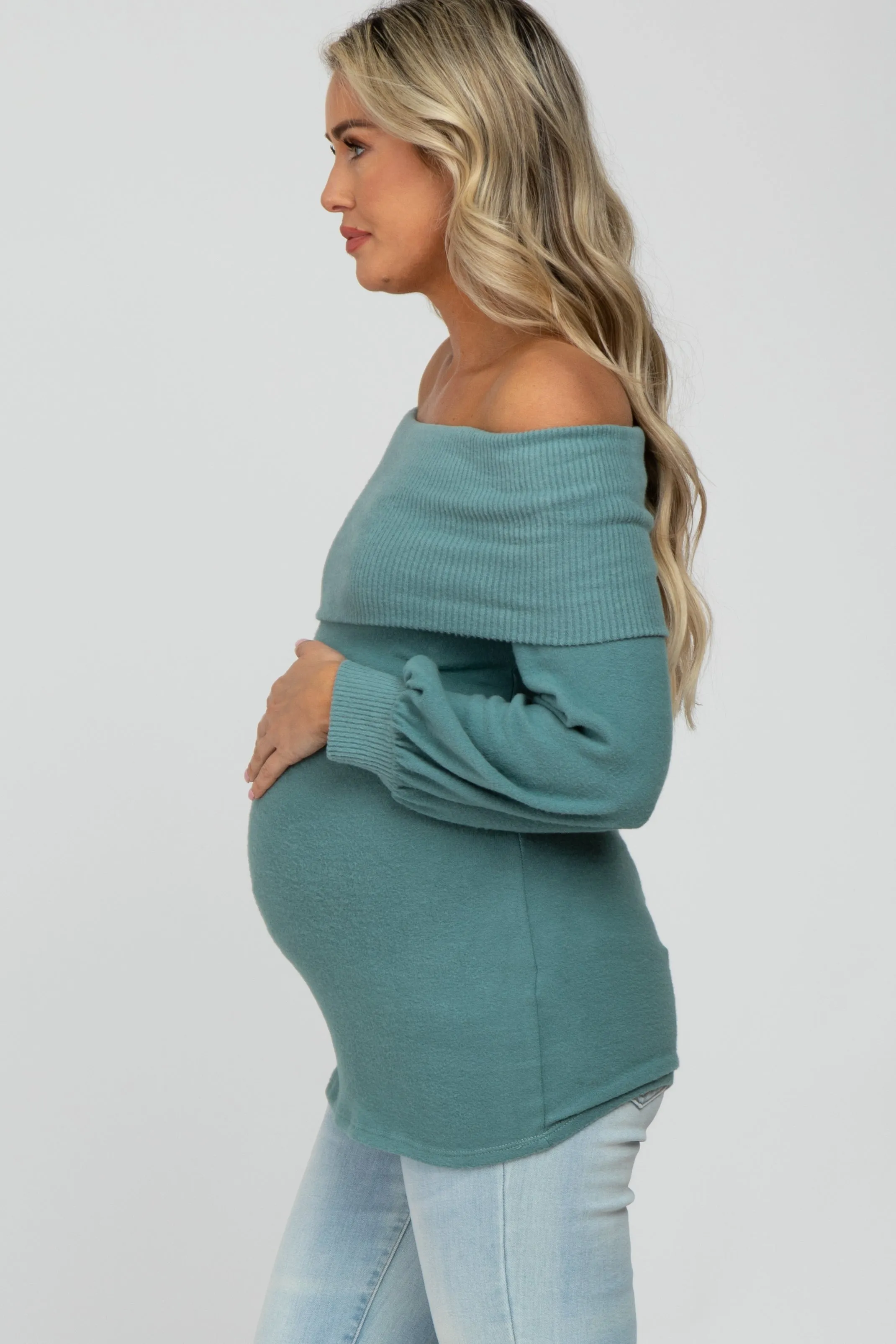 Light Teal Brushed Off Shoulder Fitted Maternity Top sold by Pinkblush product image thumbnail 3