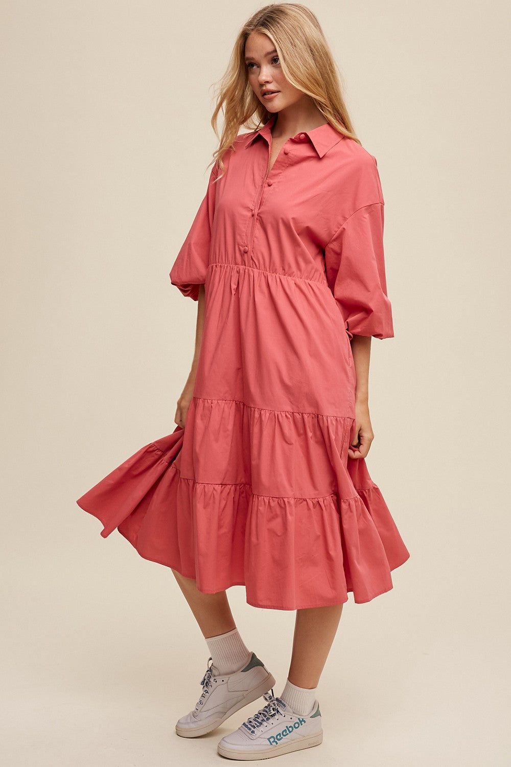 Rose Button Front Tiered Babydoll Poplin Midi Dress sold by Pinkblush product image thumbnail 2