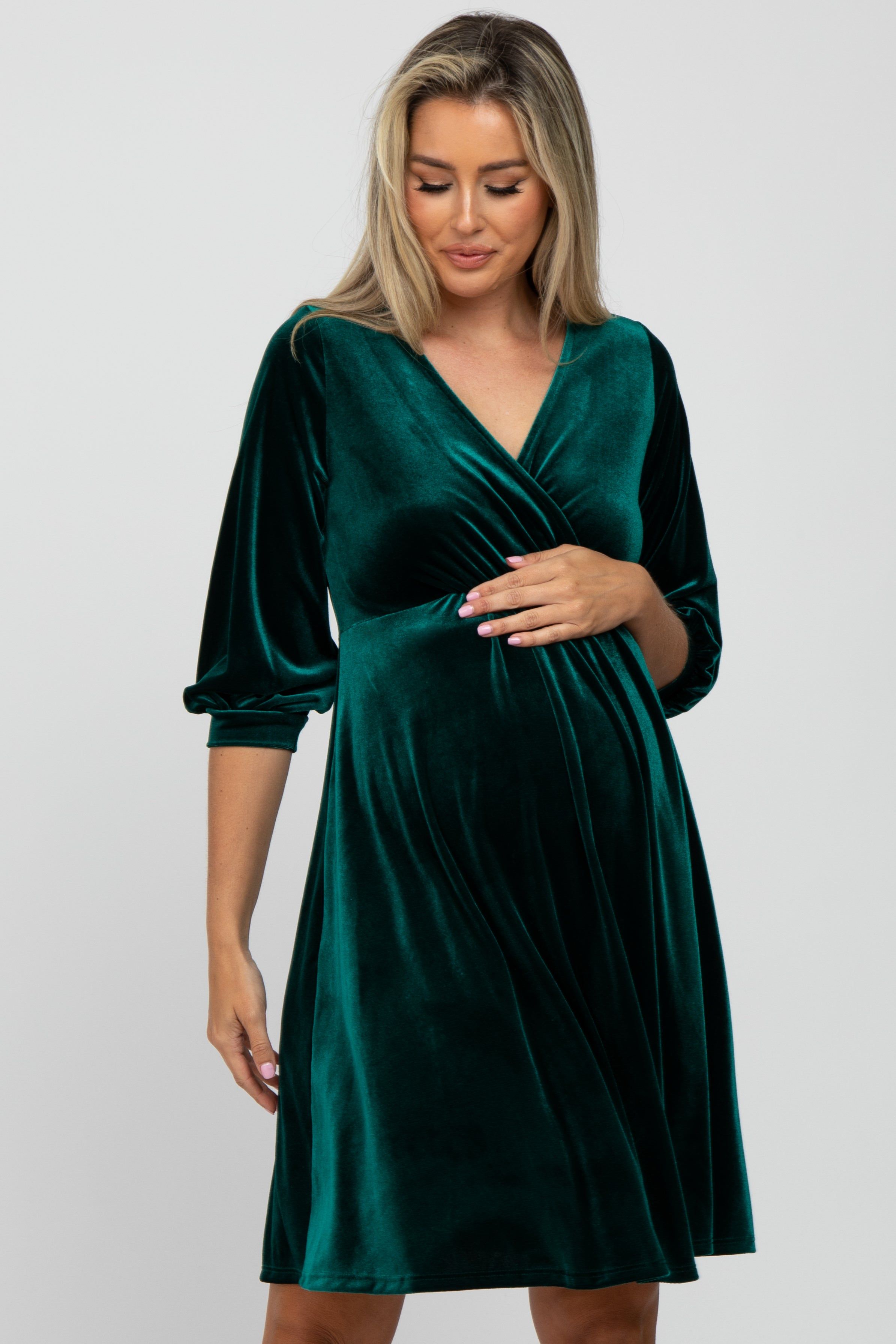 Green Velvet Wrap Front Babydoll Maternity Dress sold by Pinkblush product image thumbnail 4