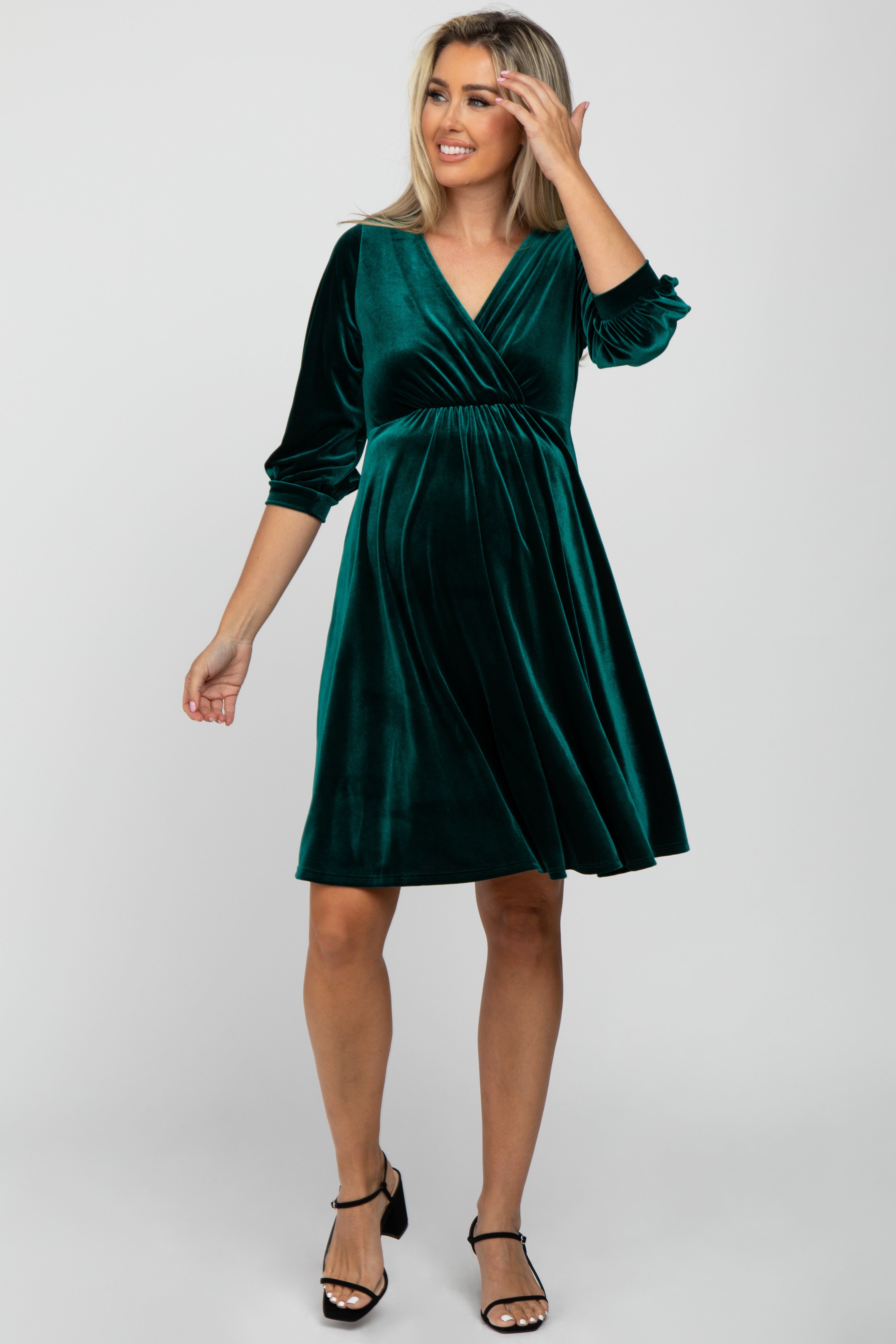 Green Velvet Wrap Front Babydoll Maternity Dress sold by Pinkblush