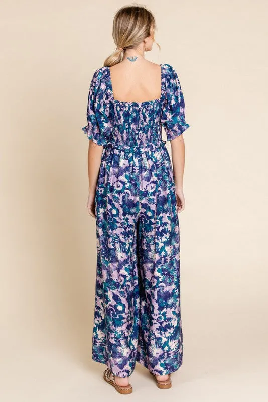 Navy Blue Smocked Square Neck Ruffle Waist Jumpsuit sold by Pinkblush product image thumbnail 4