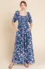 Navy Blue Smocked Square Neck Ruffle Waist Jumpsuit sold by Pinkblush