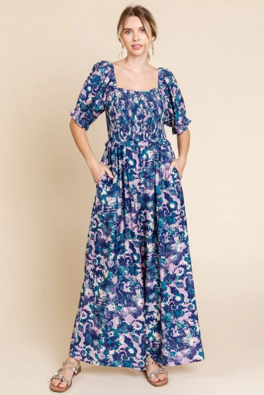 Navy Blue Smocked Square Neck Ruffle Waist Jumpsuit sold by Pinkblush