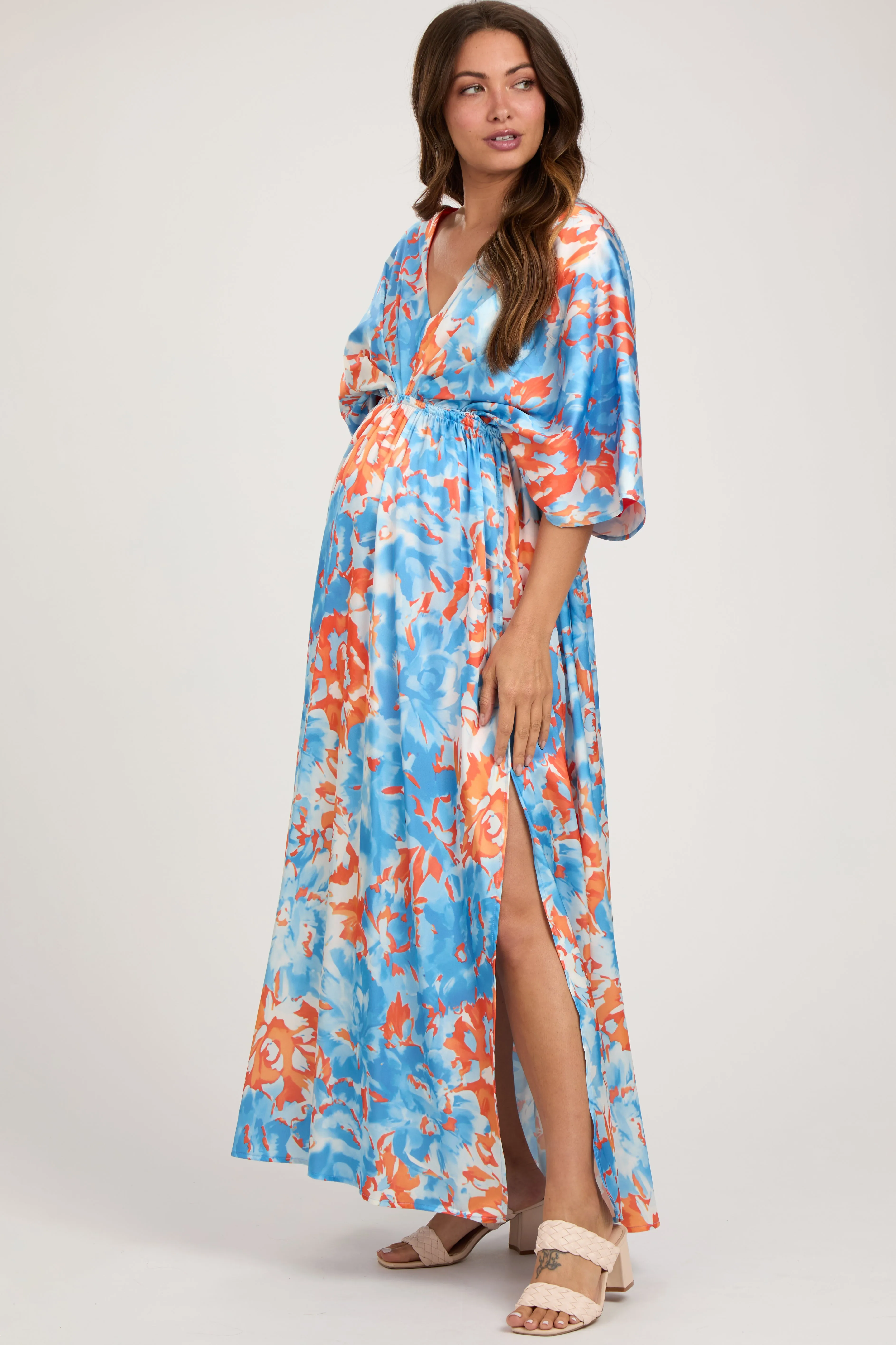 Blue Floral Satin V-Neck Maternity Maxi Dress sold by Pinkblush