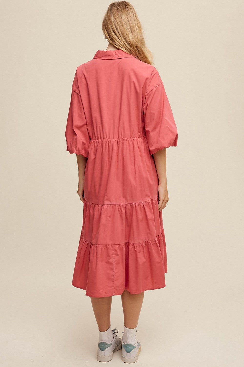 Rose Button Front Tiered Babydoll Poplin Midi Dress sold by Pinkblush product image thumbnail 3