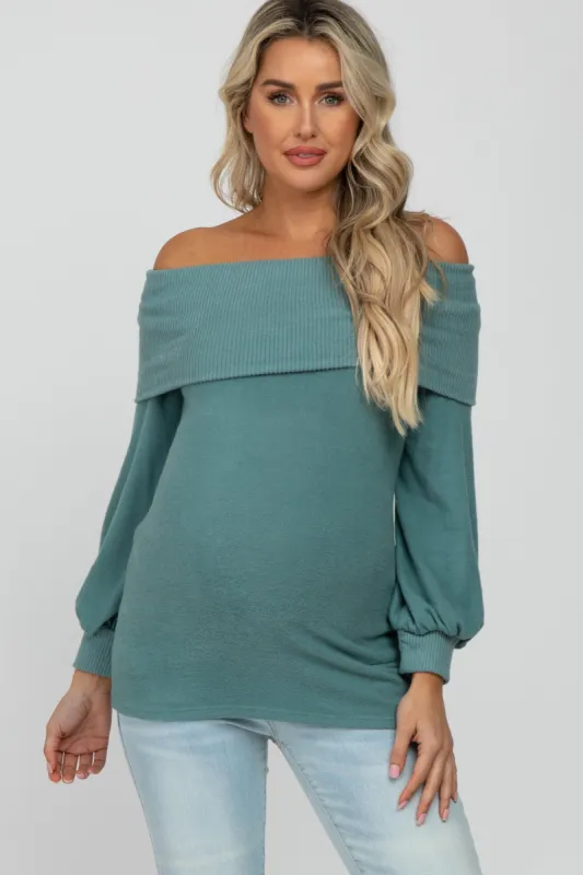 Light Teal Brushed Off Shoulder Fitted Maternity Top sold by Pinkblush