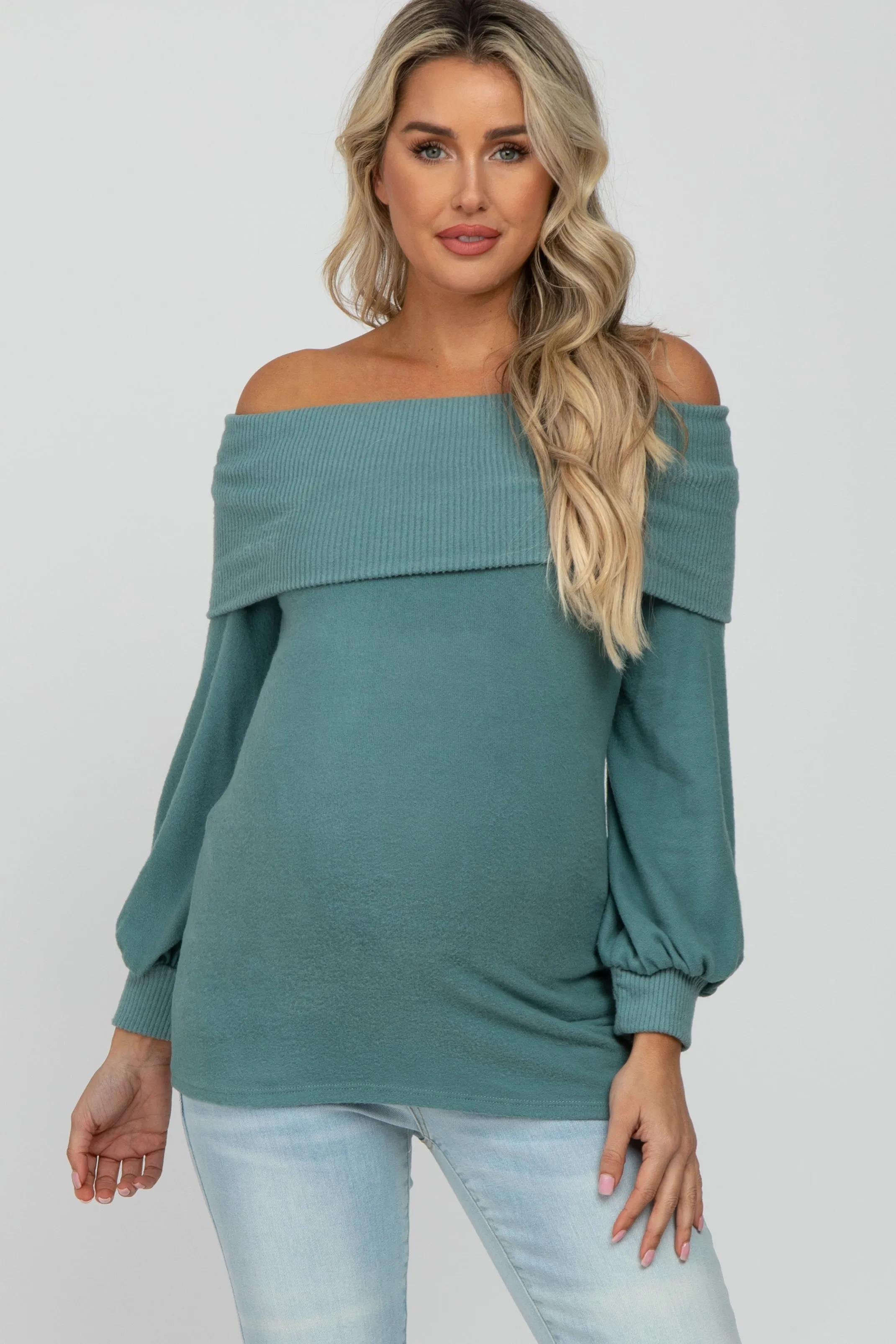 Light Teal Brushed Off Shoulder Fitted Maternity Top sold by Pinkblush