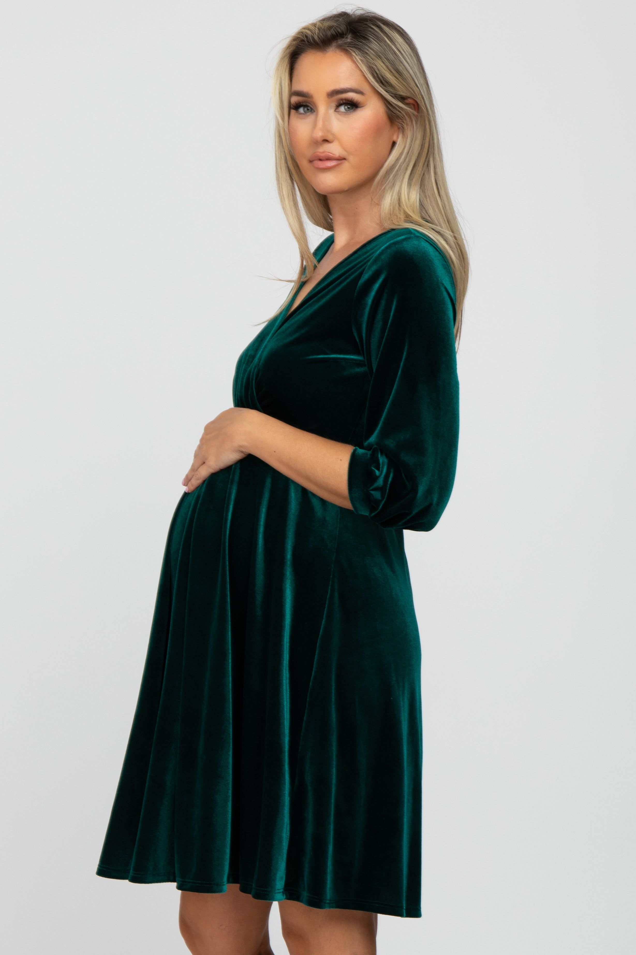 Green Velvet Wrap Front Babydoll Maternity Dress sold by Pinkblush product image thumbnail 2