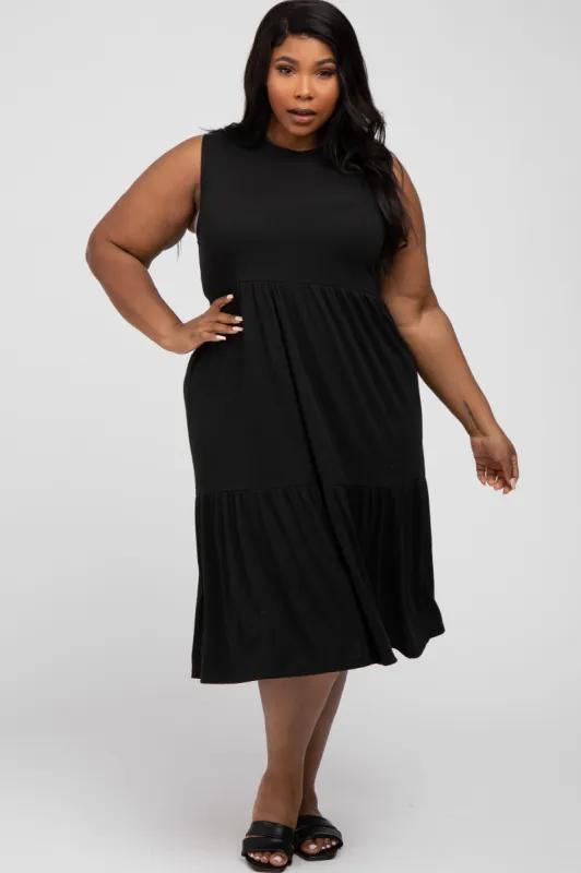 Black Ribbed Sleeveless Plus Midi Dress sold by Pinkblush