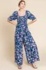 Navy Blue Smocked Square Neck Ruffle Waist Jumpsuit sold by Pinkblush