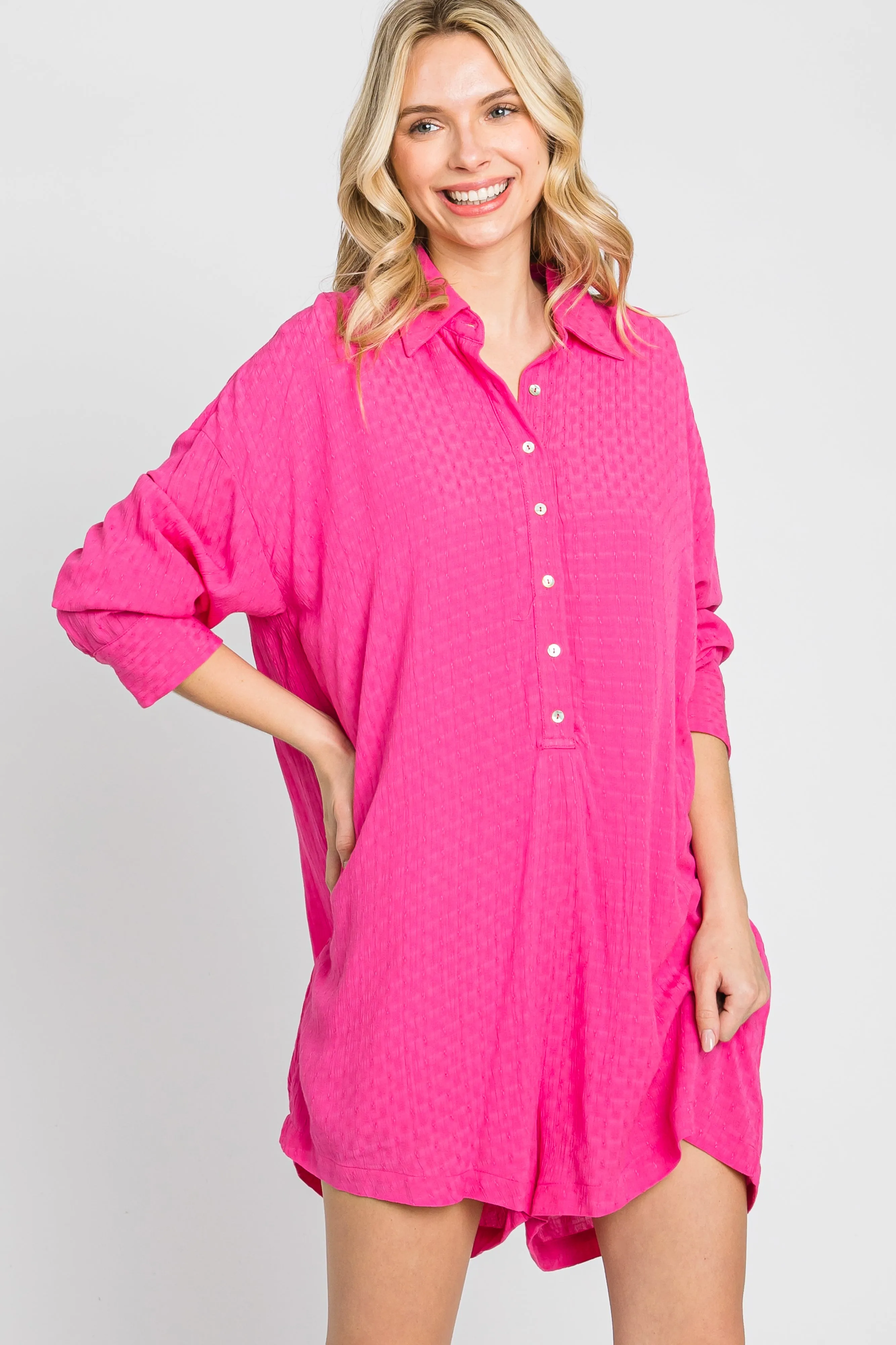 Fuchsia Jacquard Button Down Romper sold by Pinkblush