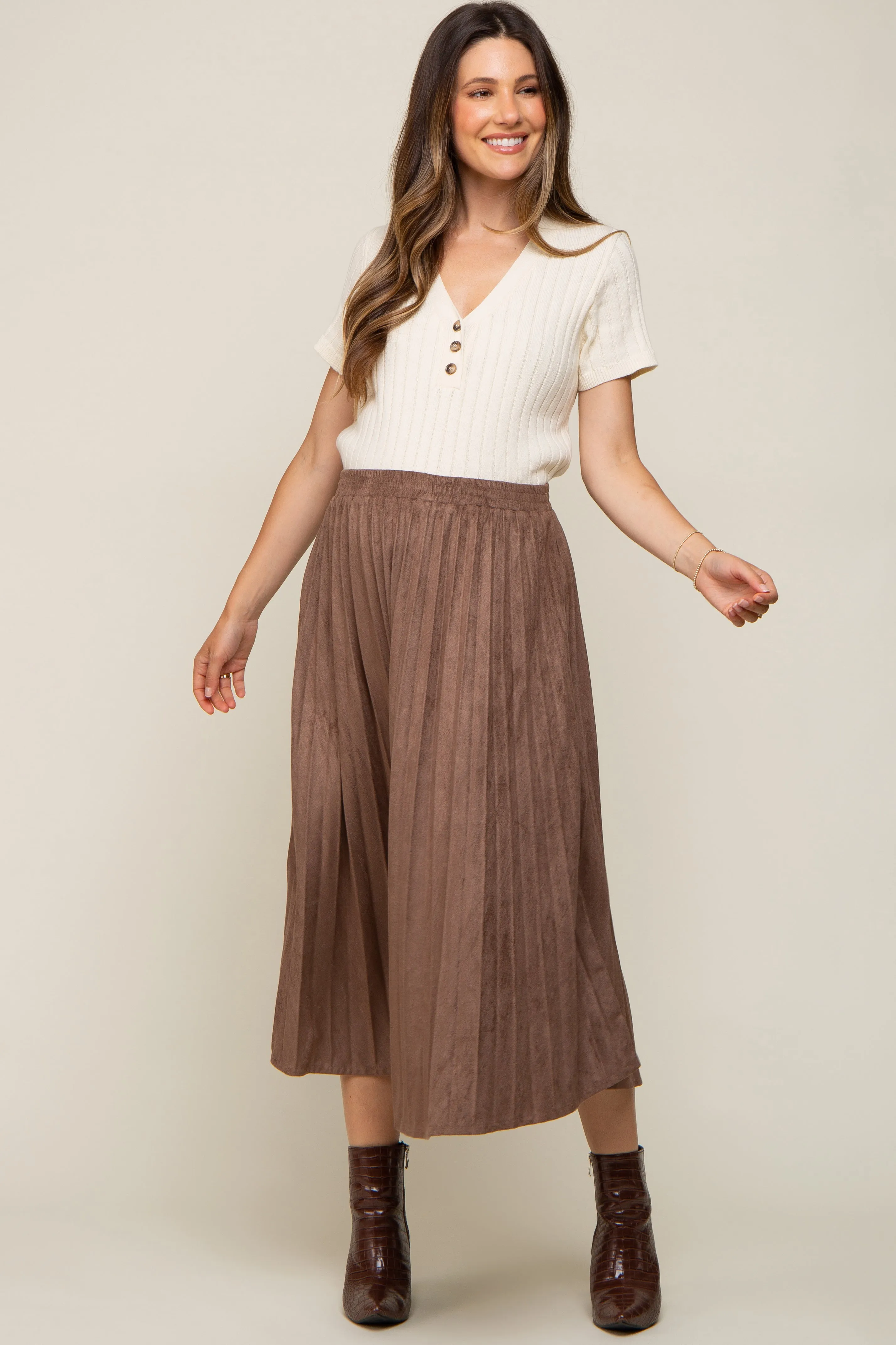 Mocha Suede Pleated Maternity Midi Skirt sold by Pinkblush product image thumbnail 5