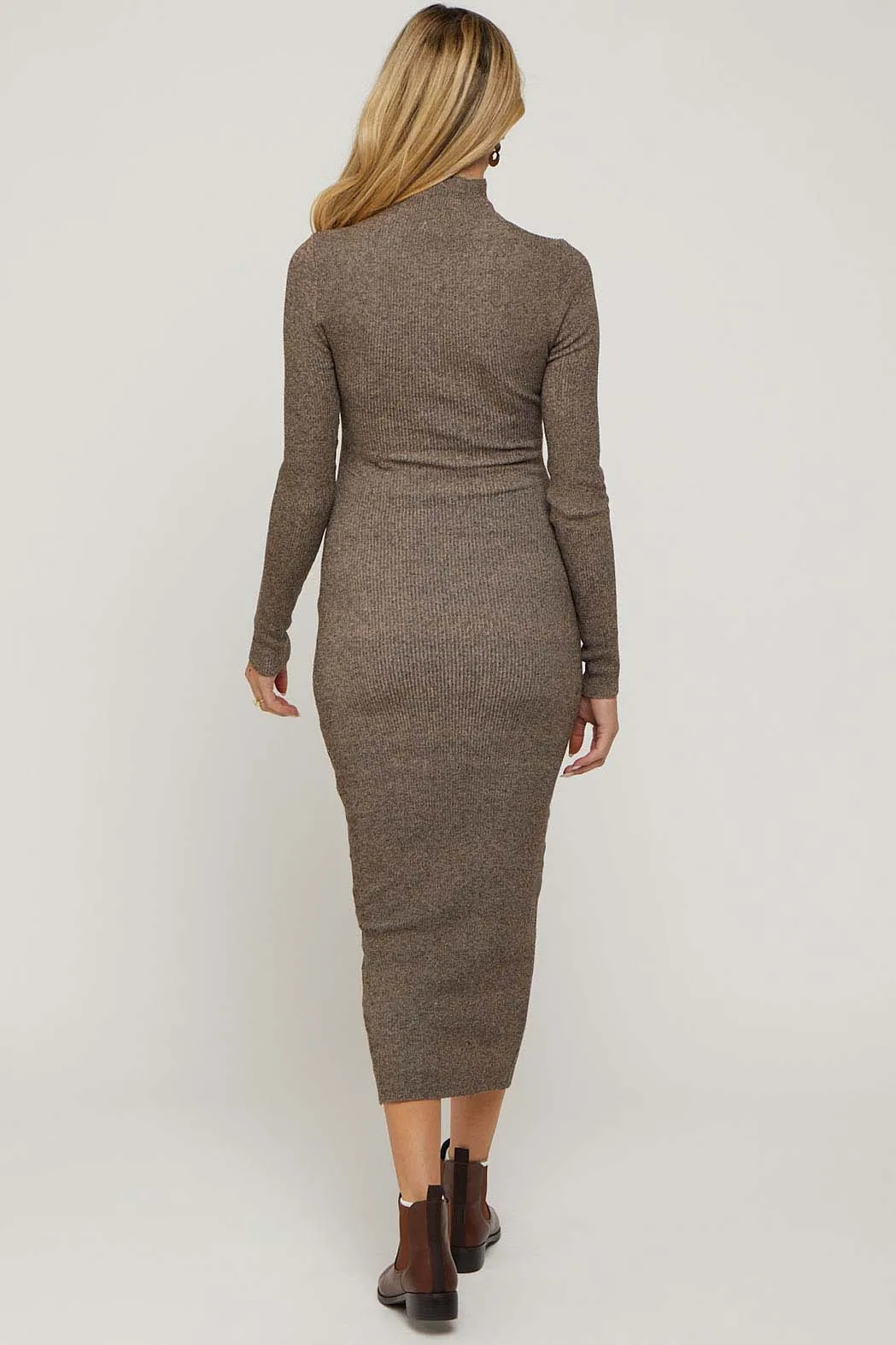 Brown Mock Neck Long Sleeve Maternity Midi Dress sold by Pinkblush product image thumbnail 3
