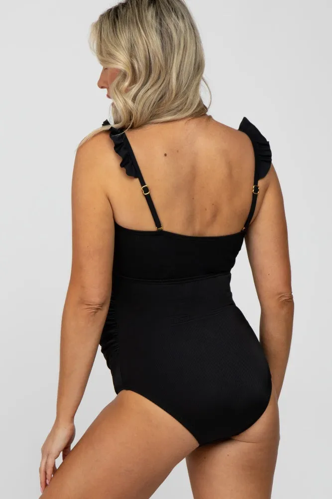 Black Ribbed Square Neck Ruffle Strap One Piece Maternity Swimsuit sold by Pinkblush product image thumbnail 4