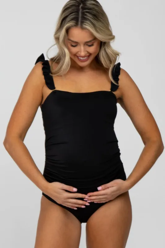 Black Ribbed Square Neck Ruffle Strap One Piece Maternity Swimsuit sold by Pinkblush