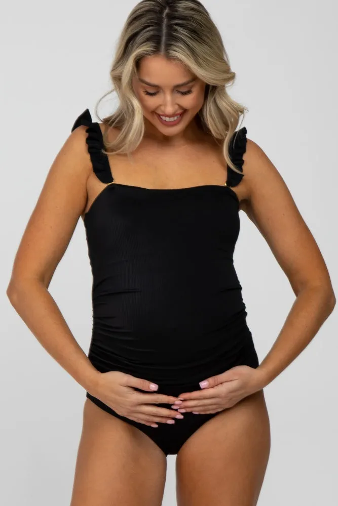 Black Ribbed Square Neck Ruffle Strap One Piece Maternity Swimsuit sold by Pinkblush