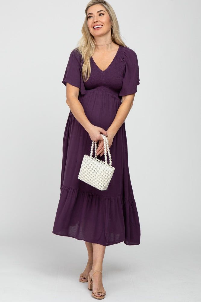 Purple Smocked Ruffle Maternity Dress sold by Pinkblush