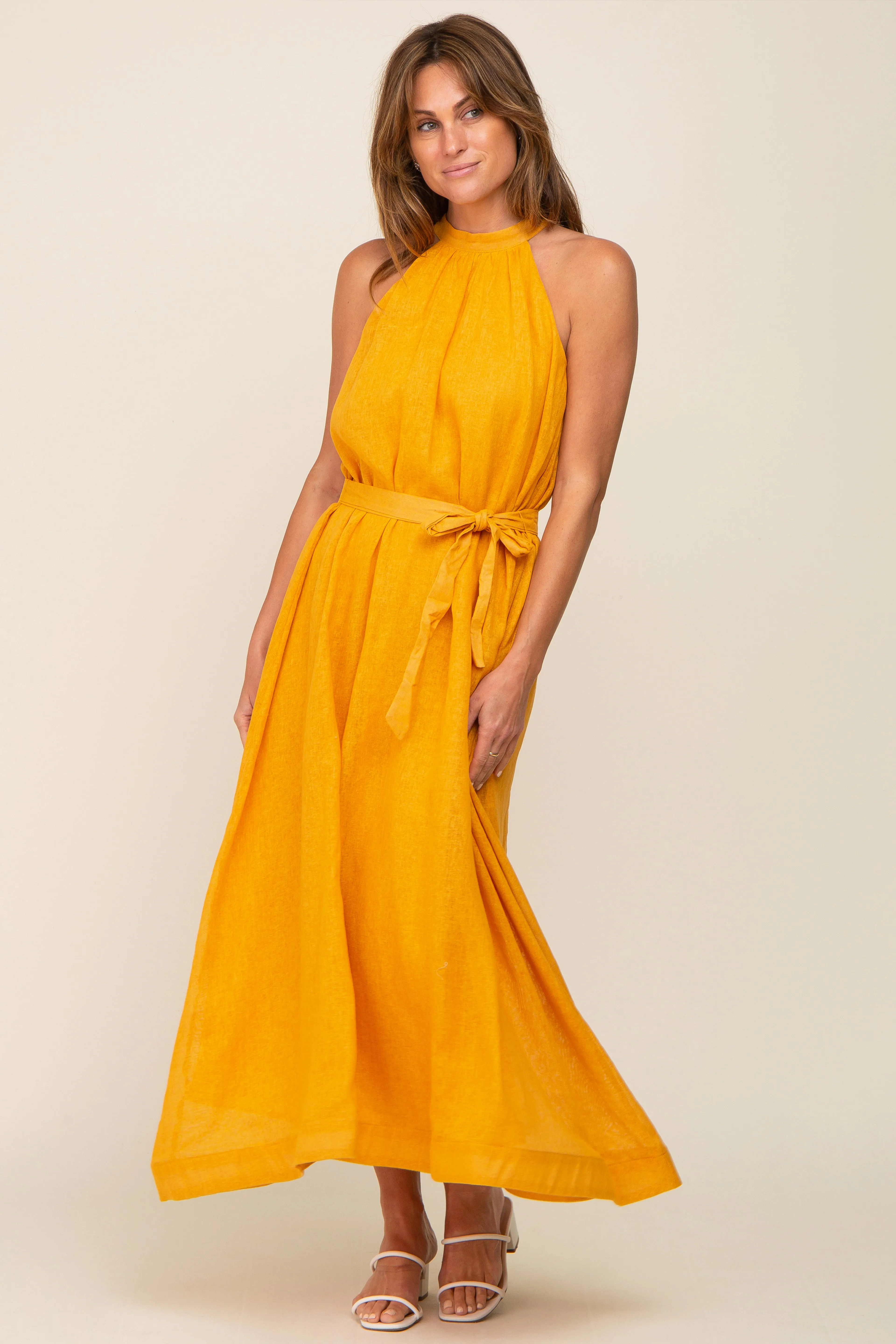 Yellow Linen A-line Midi Dress sold by Pinkblush