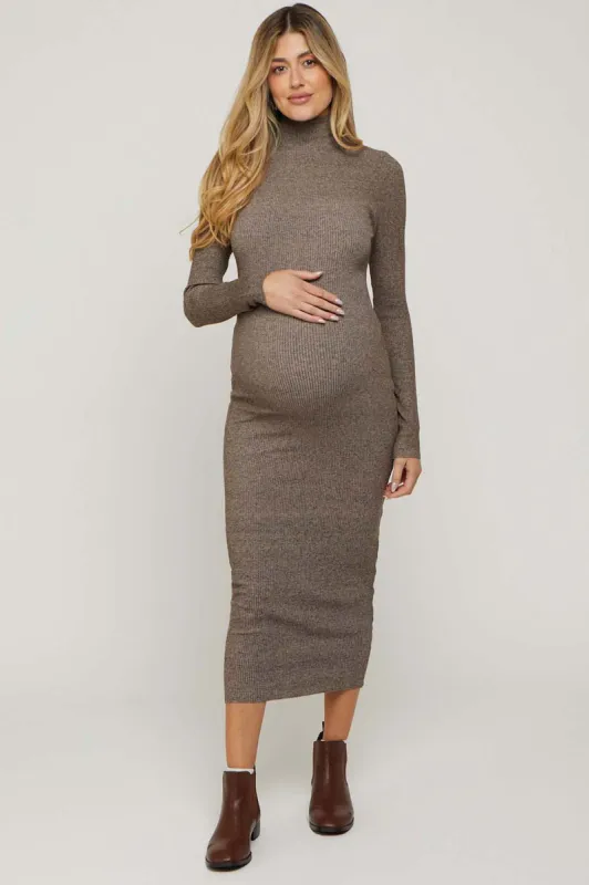 Brown Mock Neck Long Sleeve Maternity Midi Dress sold by Pinkblush