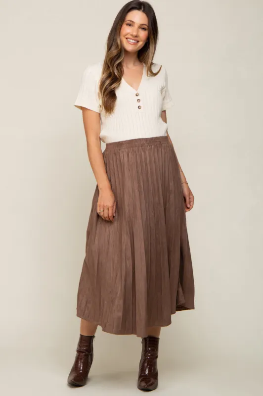Mocha Suede Pleated Maternity Midi Skirt sold by Pinkblush