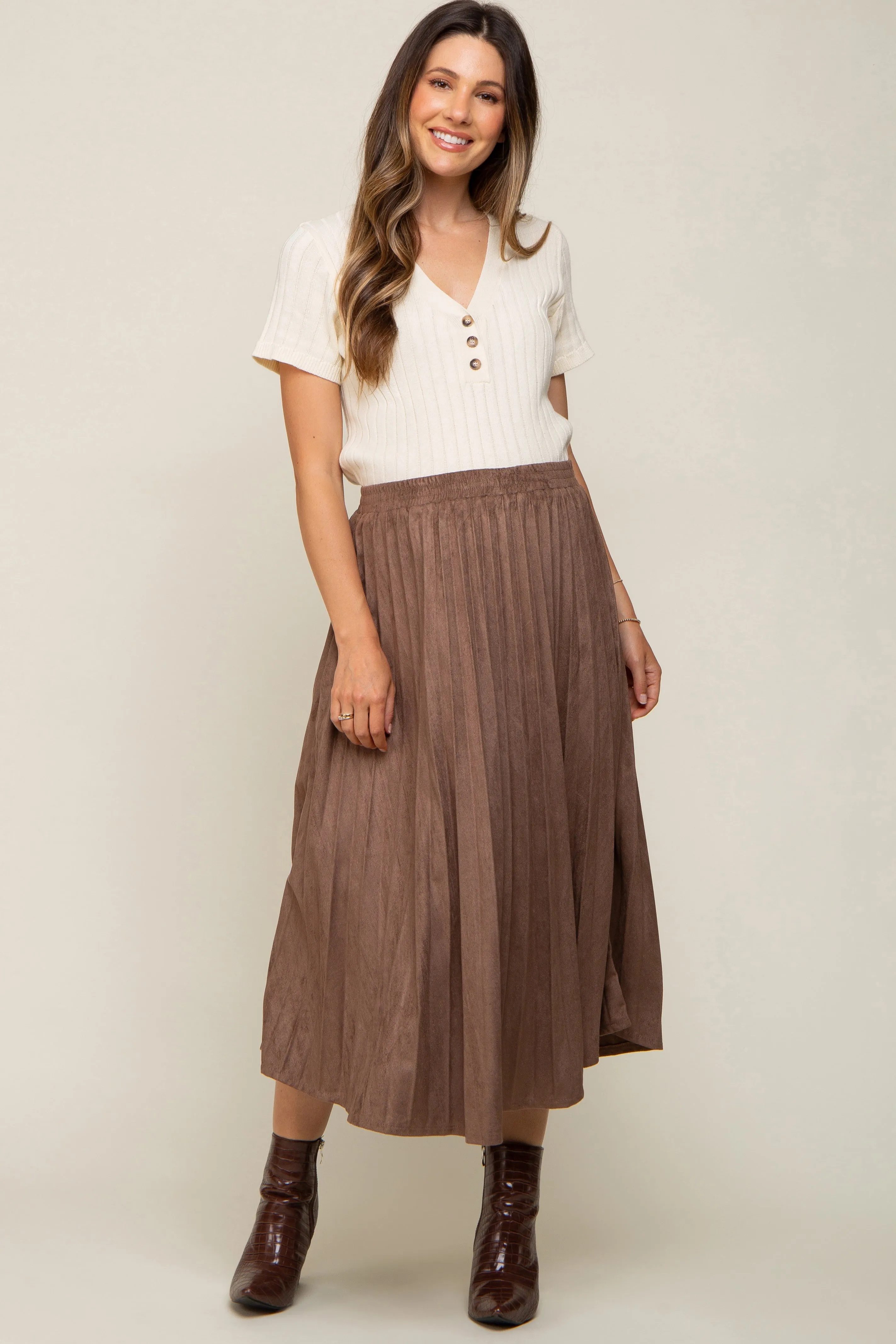 Mocha Suede Pleated Maternity Midi Skirt sold by Pinkblush