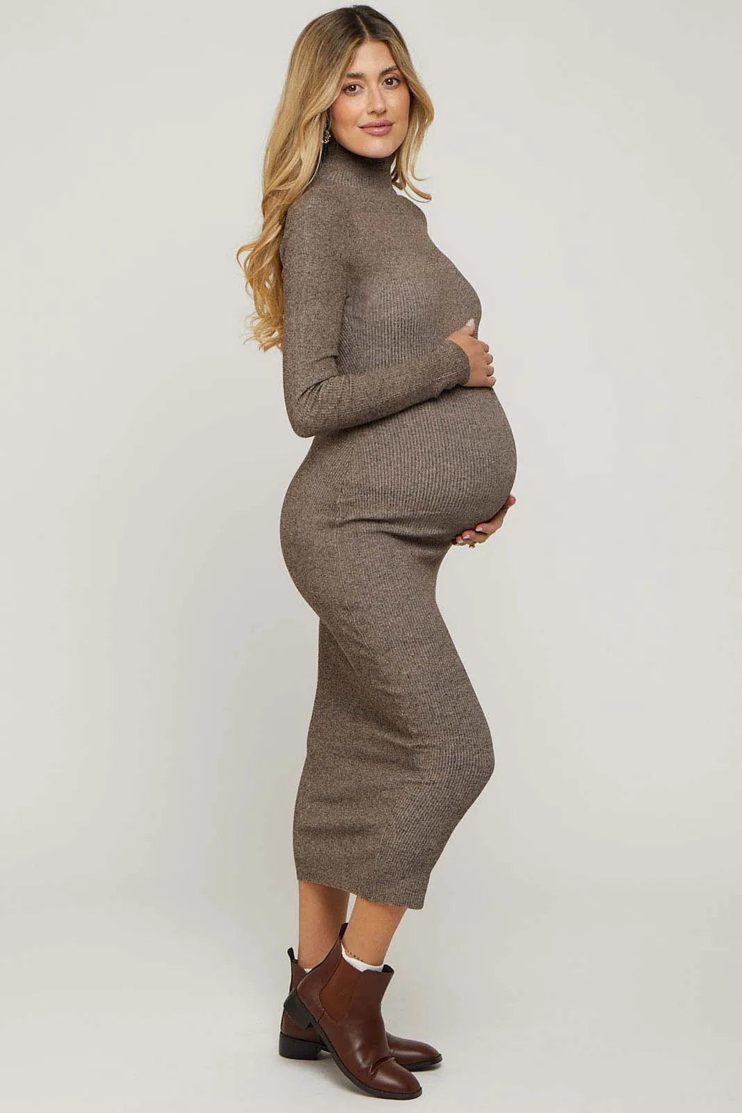 Brown Mock Neck Long Sleeve Maternity Midi Dress sold by Pinkblush product image thumbnail 2