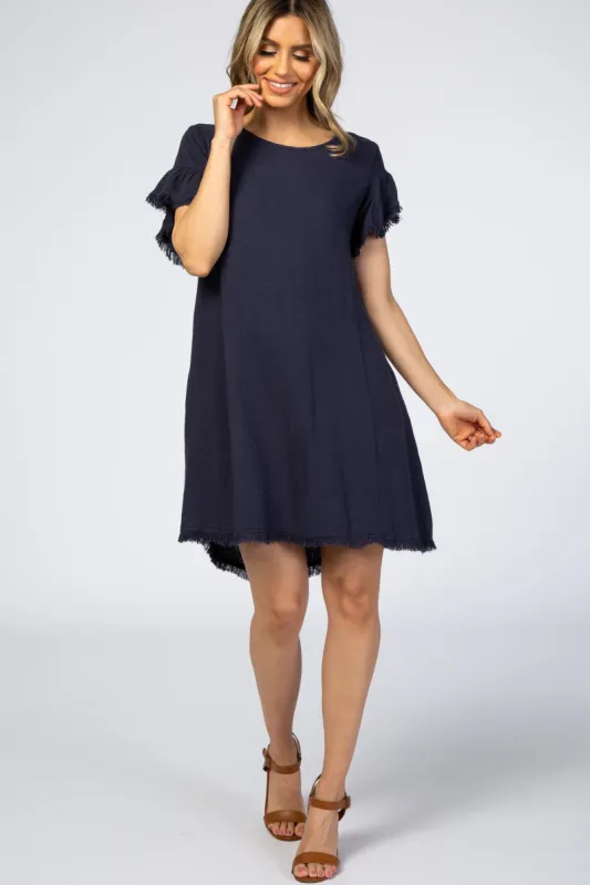 Navy Frayed Trim Back Keyhole Linen Dress sold by Pinkblush