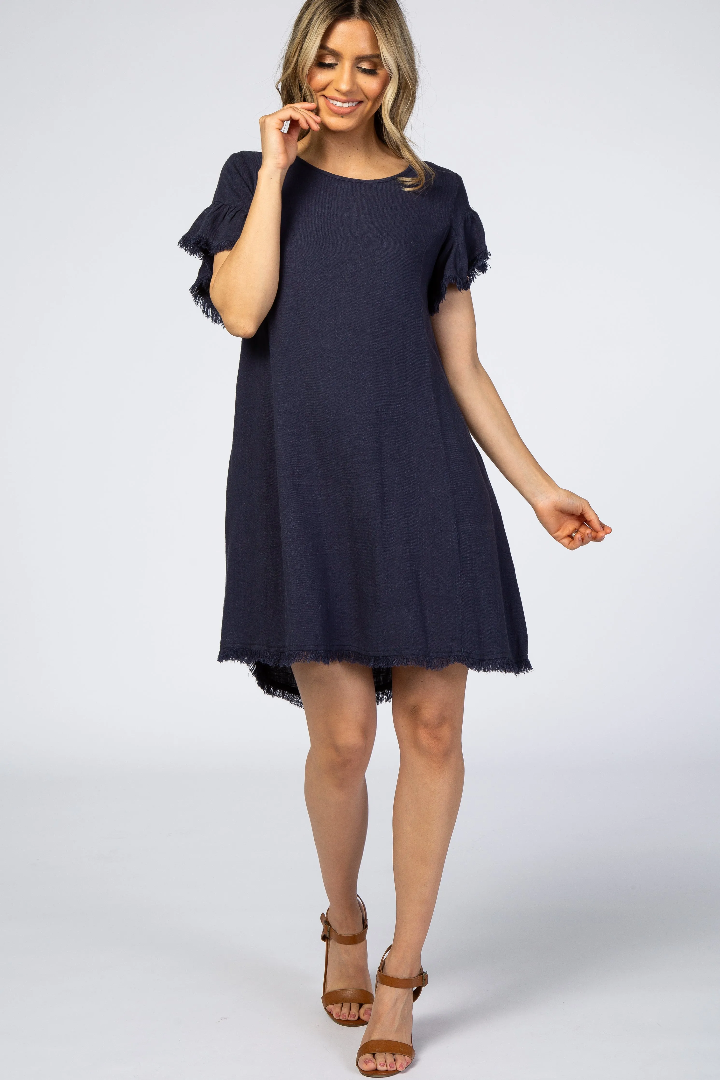 Navy Frayed Trim Back Keyhole Linen Dress sold by Pinkblush